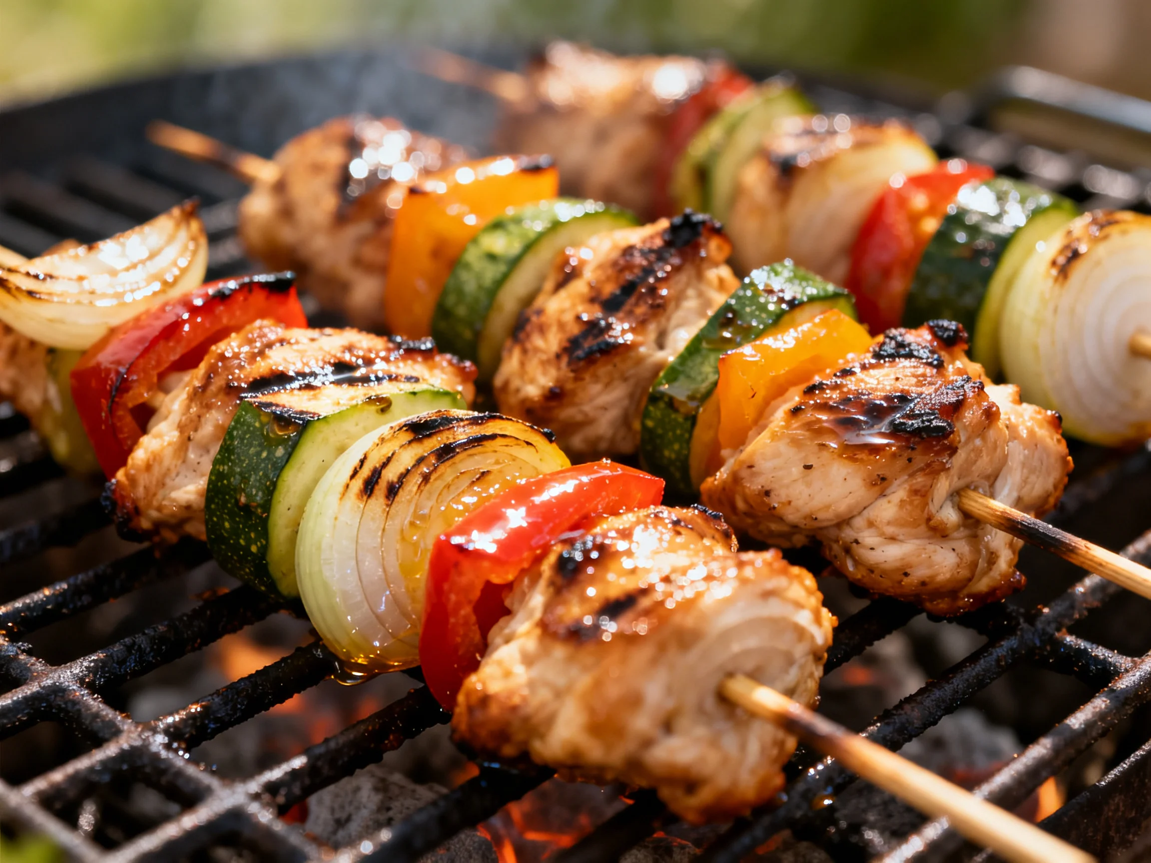 Grilled chicken and vegetable skewers with char marks on a barbecue