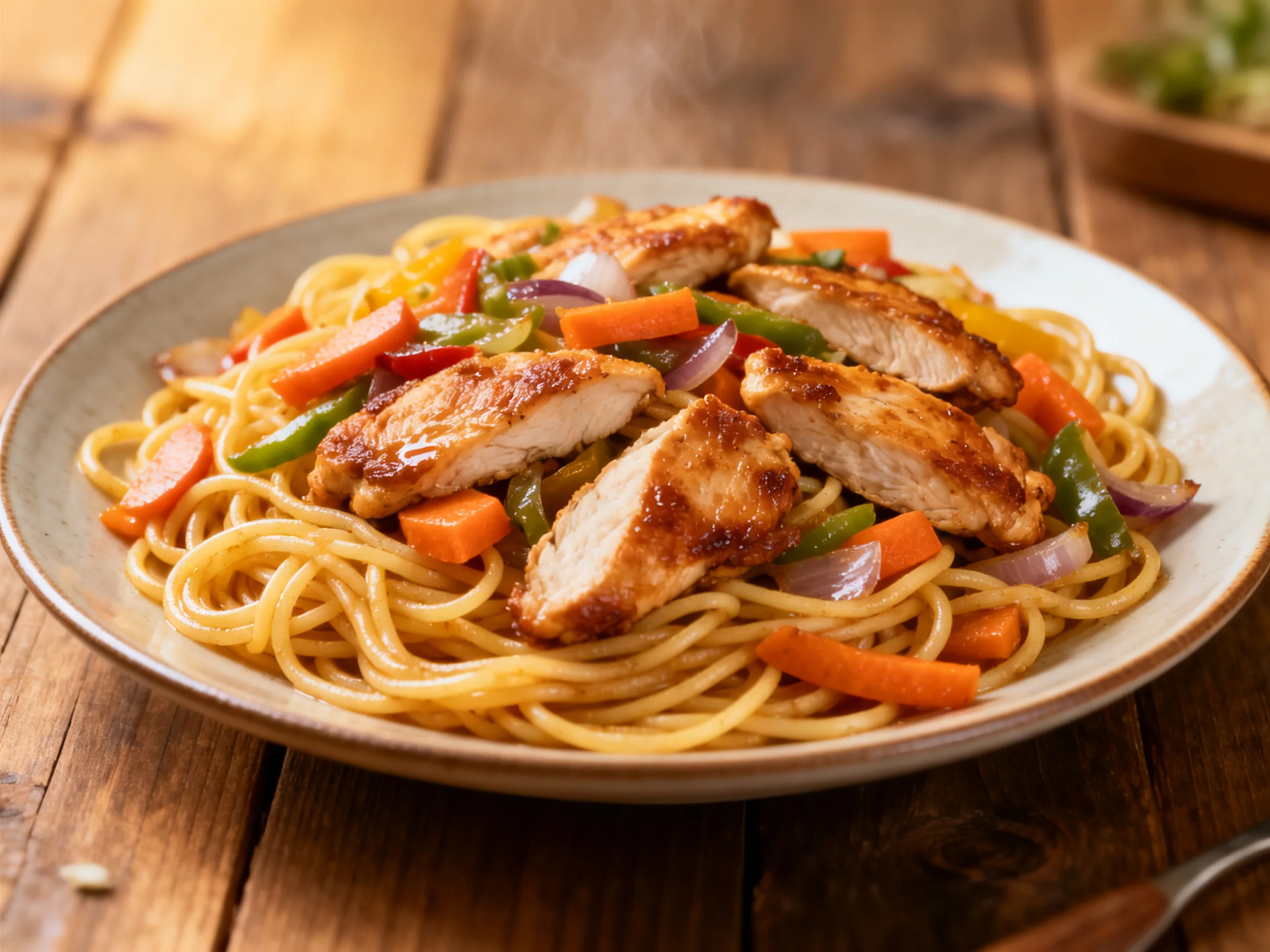 Grilled chicken and vegetable stir-fry served over golden noodles