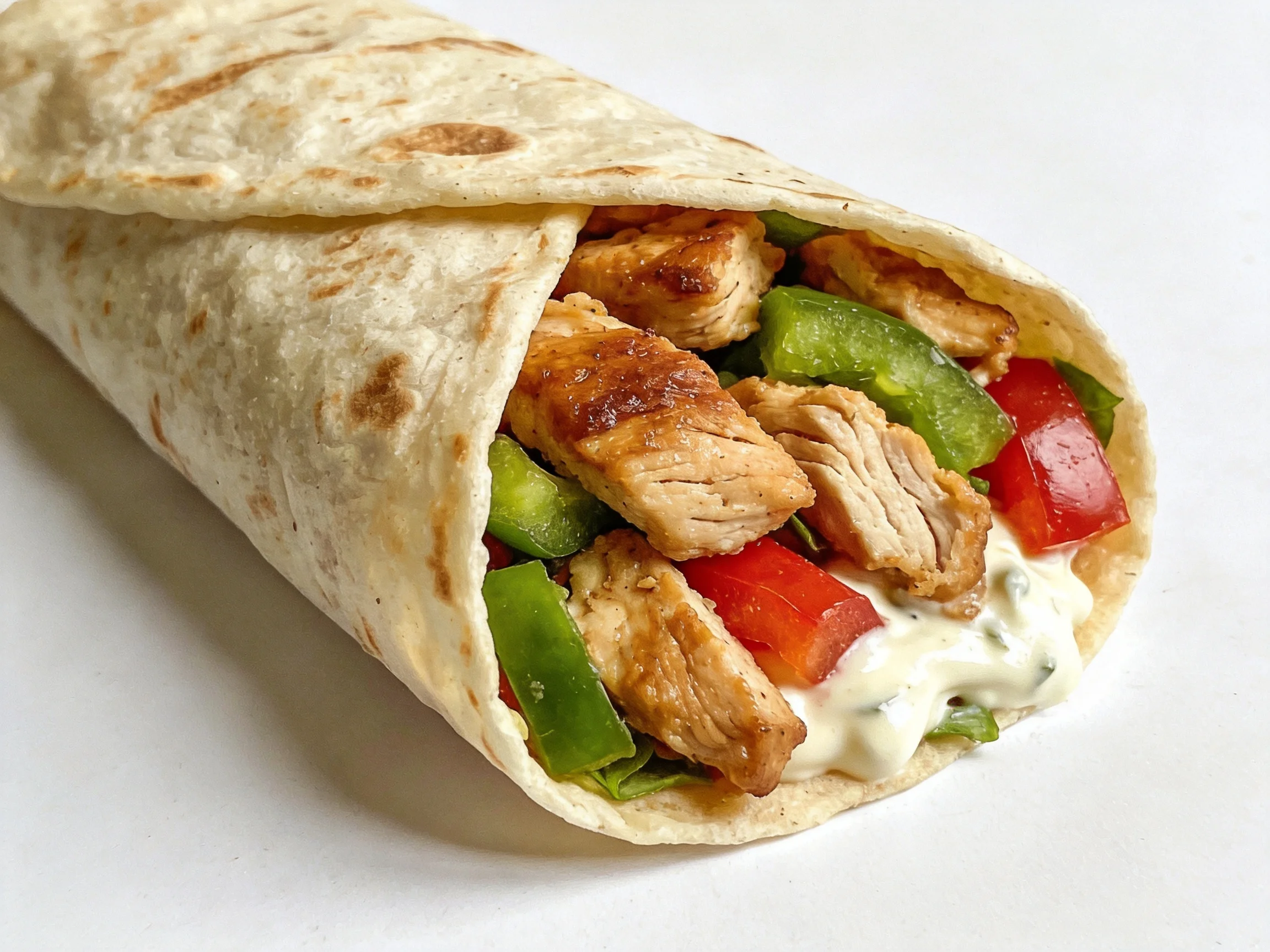 Grilled chicken and vegetable tortilla wrap with creamy sauce