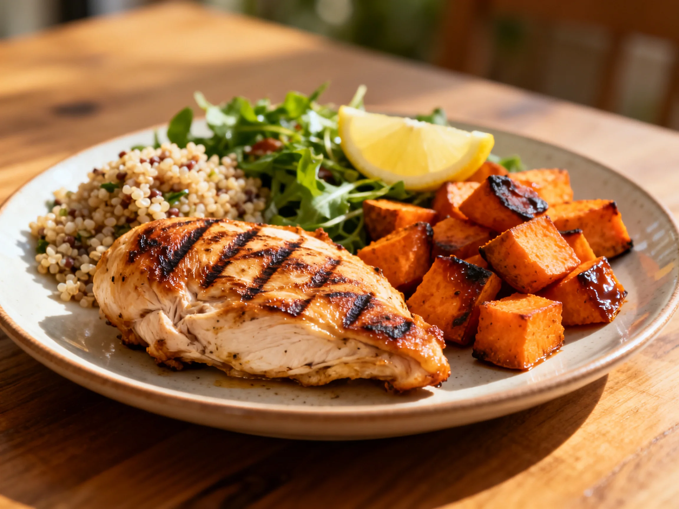Grilled chicken breast, roasted sweet potato, quinoa, arugula, and lemon wedge on a plate.