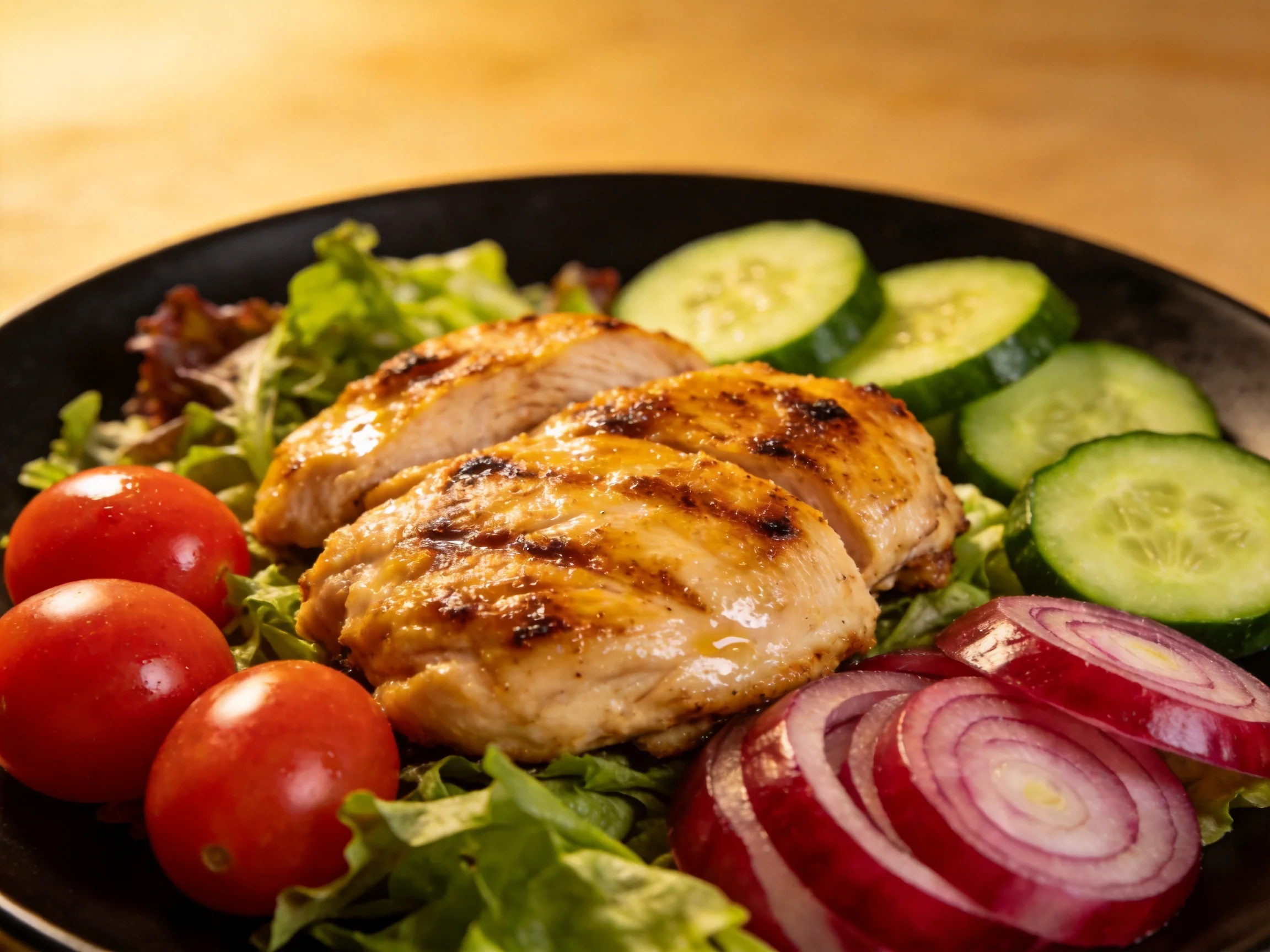 Grilled chicken breast served with cherry tomatoes, cucumbers, red onions, and mixed greens