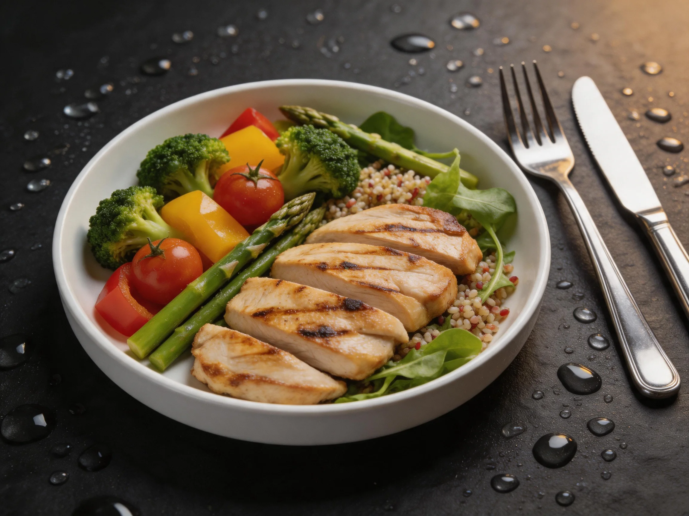 Grilled chicken, colorful vegetable, and quinoa bowl with utensils