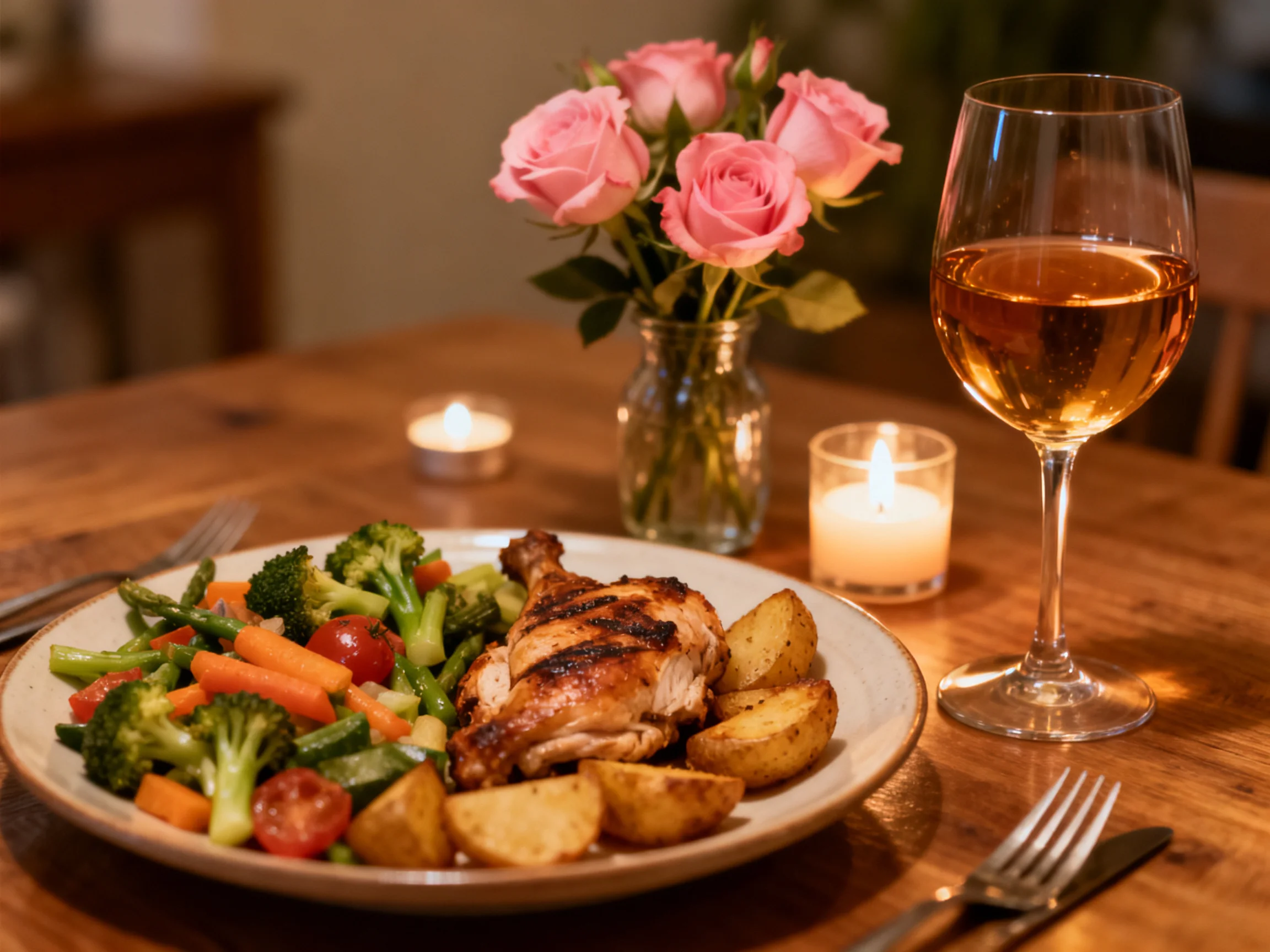 Grilled chicken dinner with mixed vegetables, pink roses, and wine on a wooden table