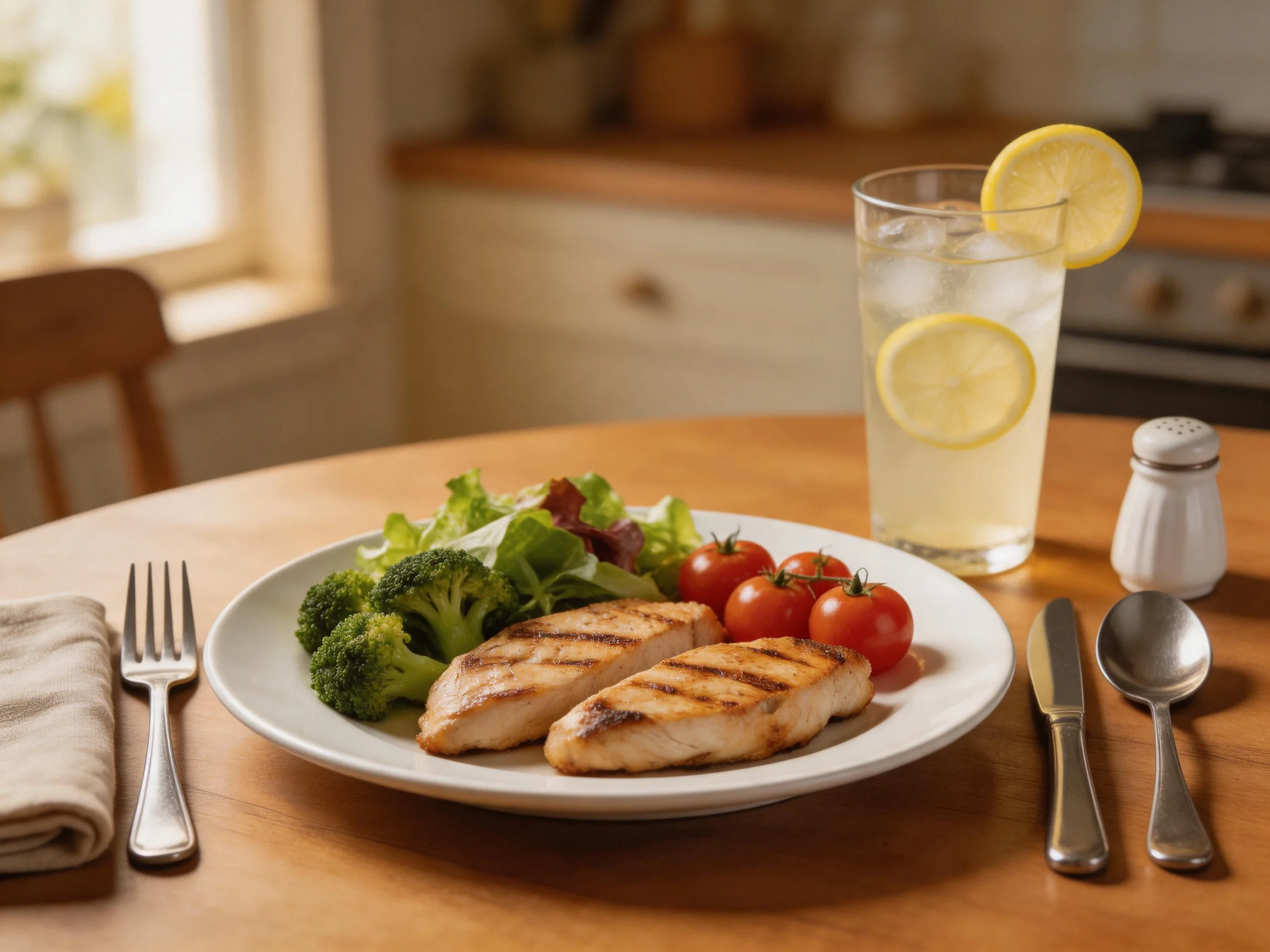 Grilled chicken dish with vegetables, lemonade, and silverware on a wooden table