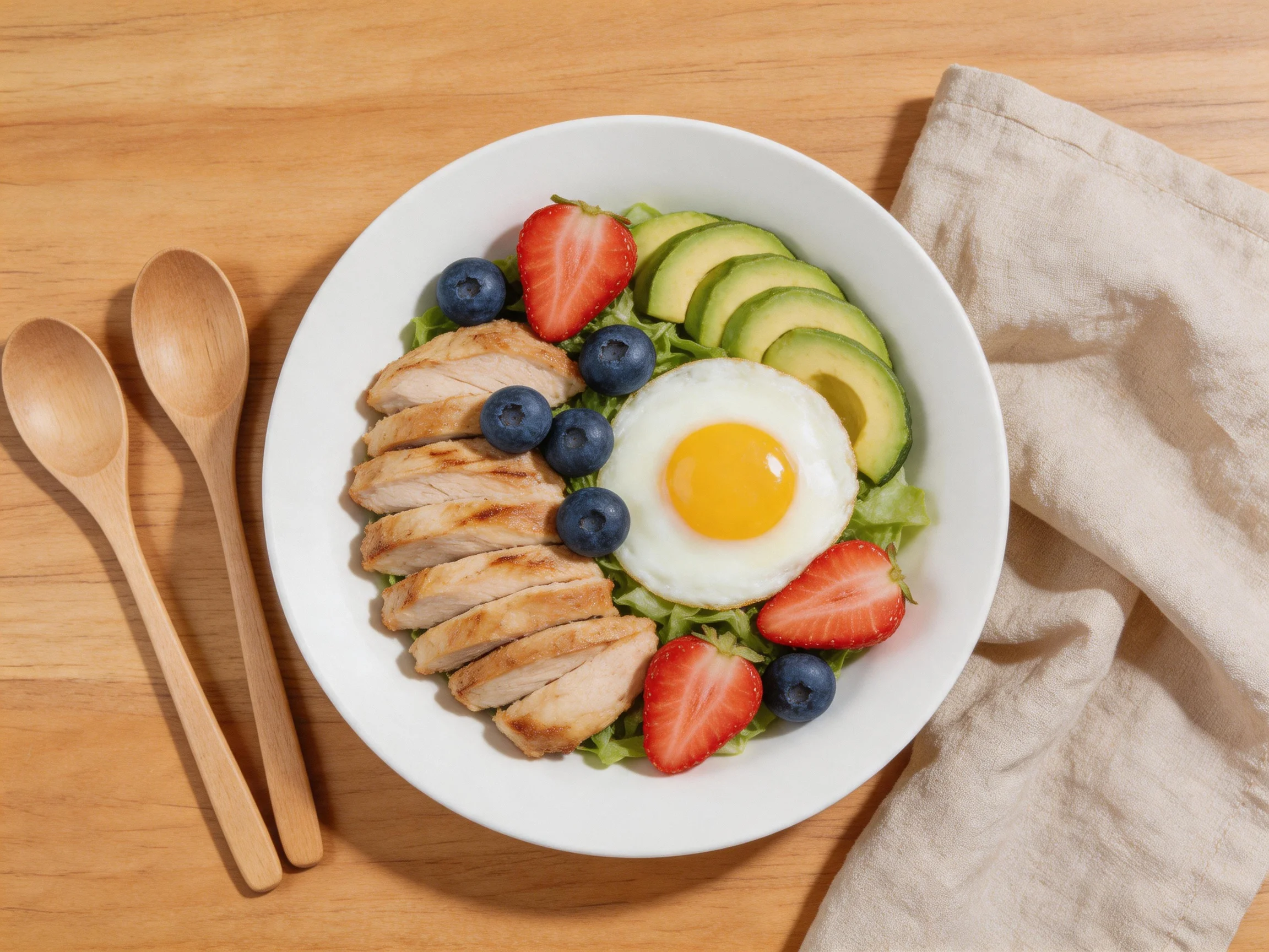 Grilled chicken, fried egg, avocado, strawberries, blueberries in a white bowl