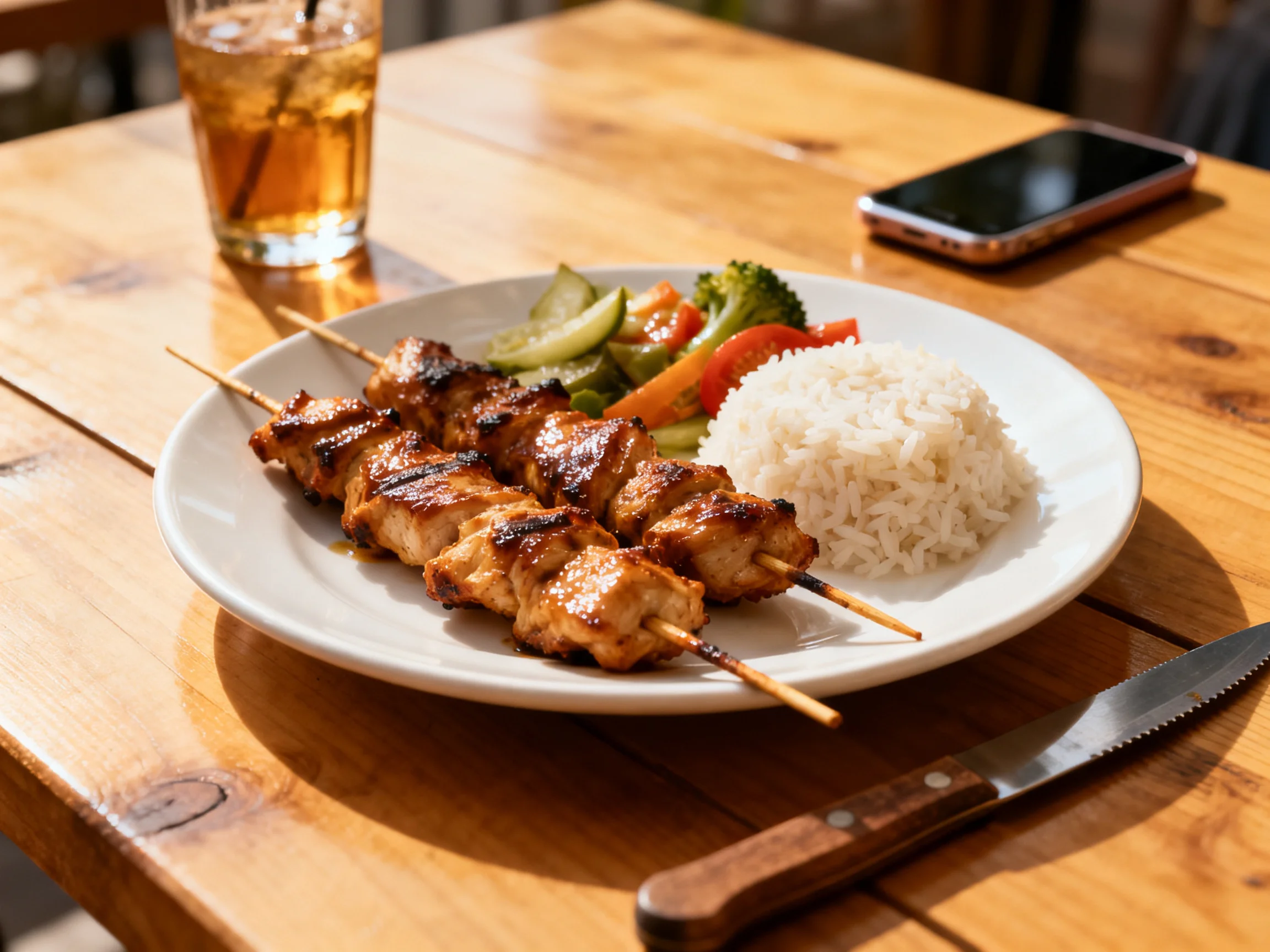 Grilled chicken skewers, white rice, mixed vegetables, iced drink, smartphone on rustic wooden table