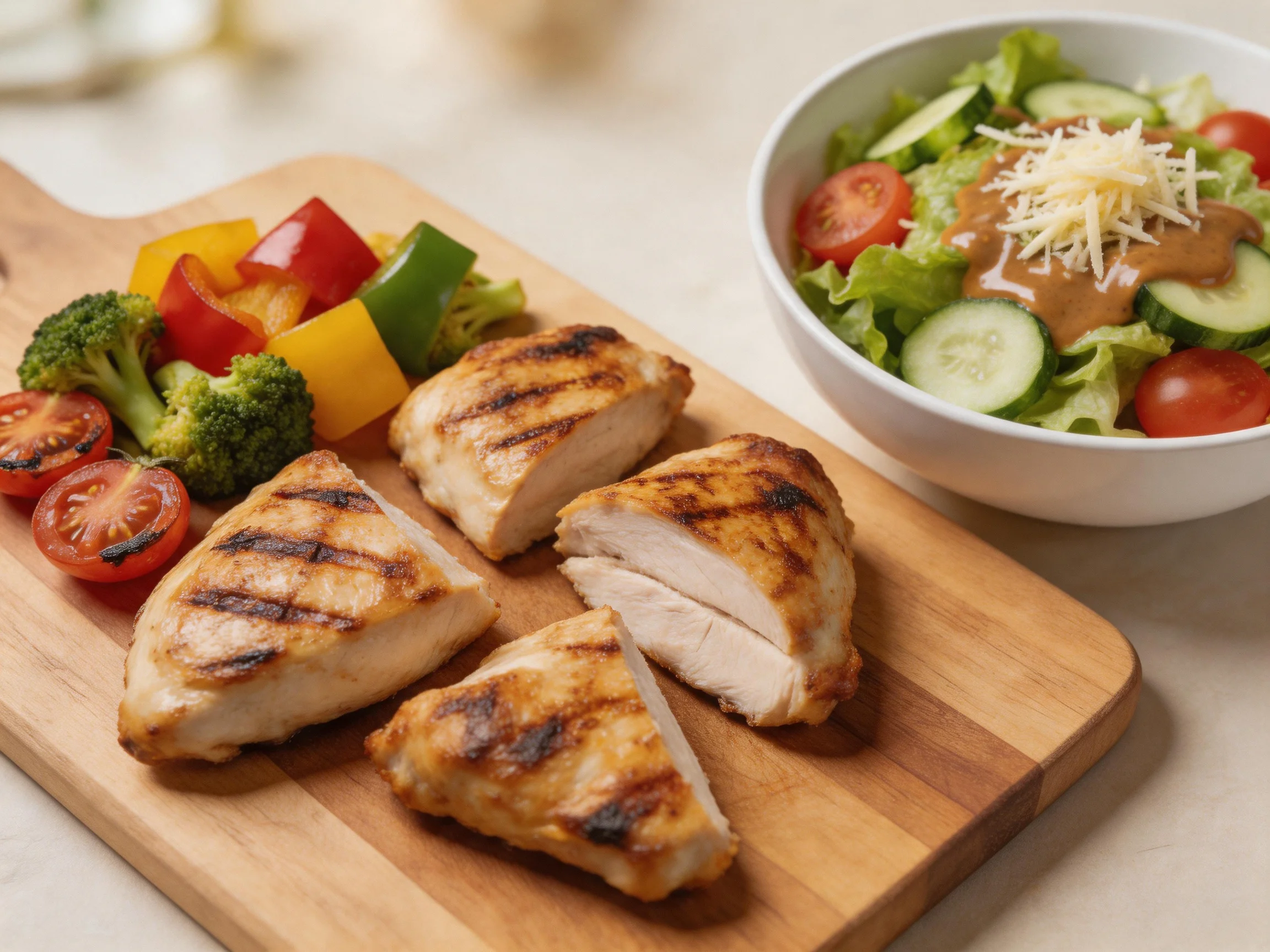 Grilled chicken slices, bell peppers, cherry tomatoes, broccoli, and a fresh salad bowl.
