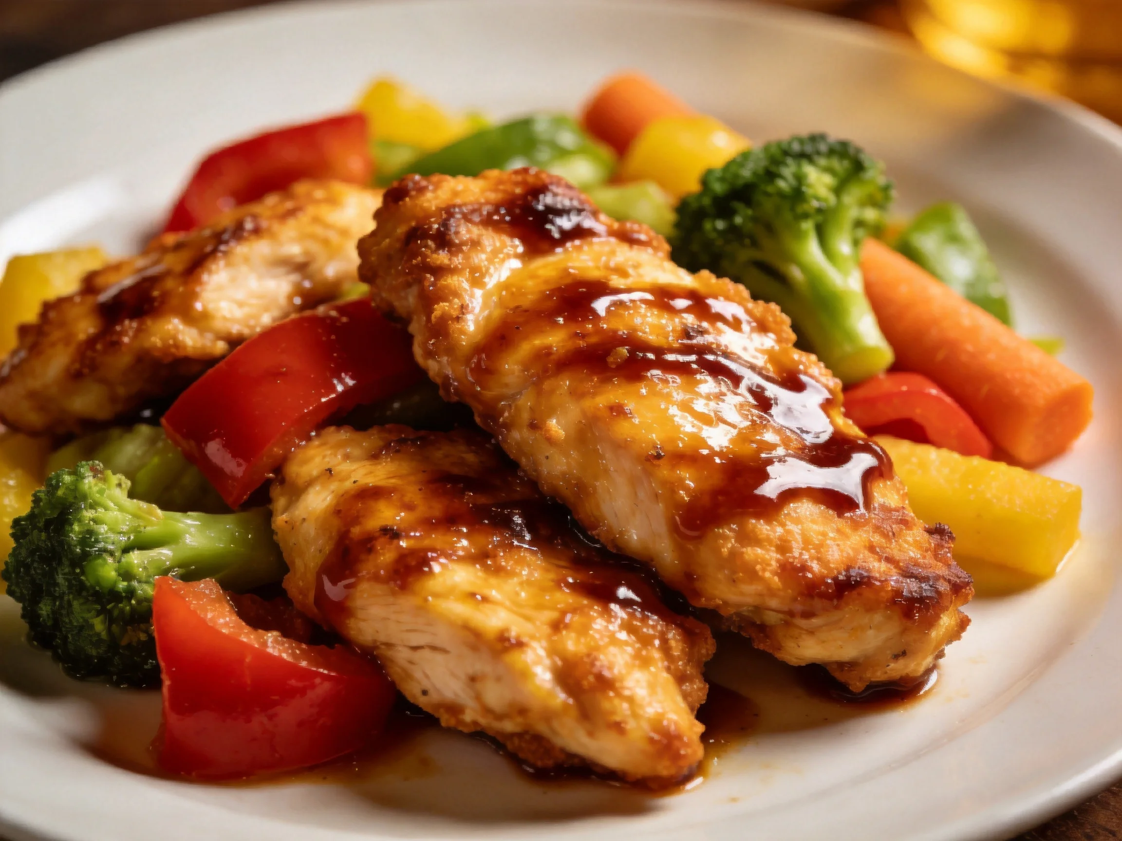 Grilled chicken tenders with mixed vegetables and savory sauce