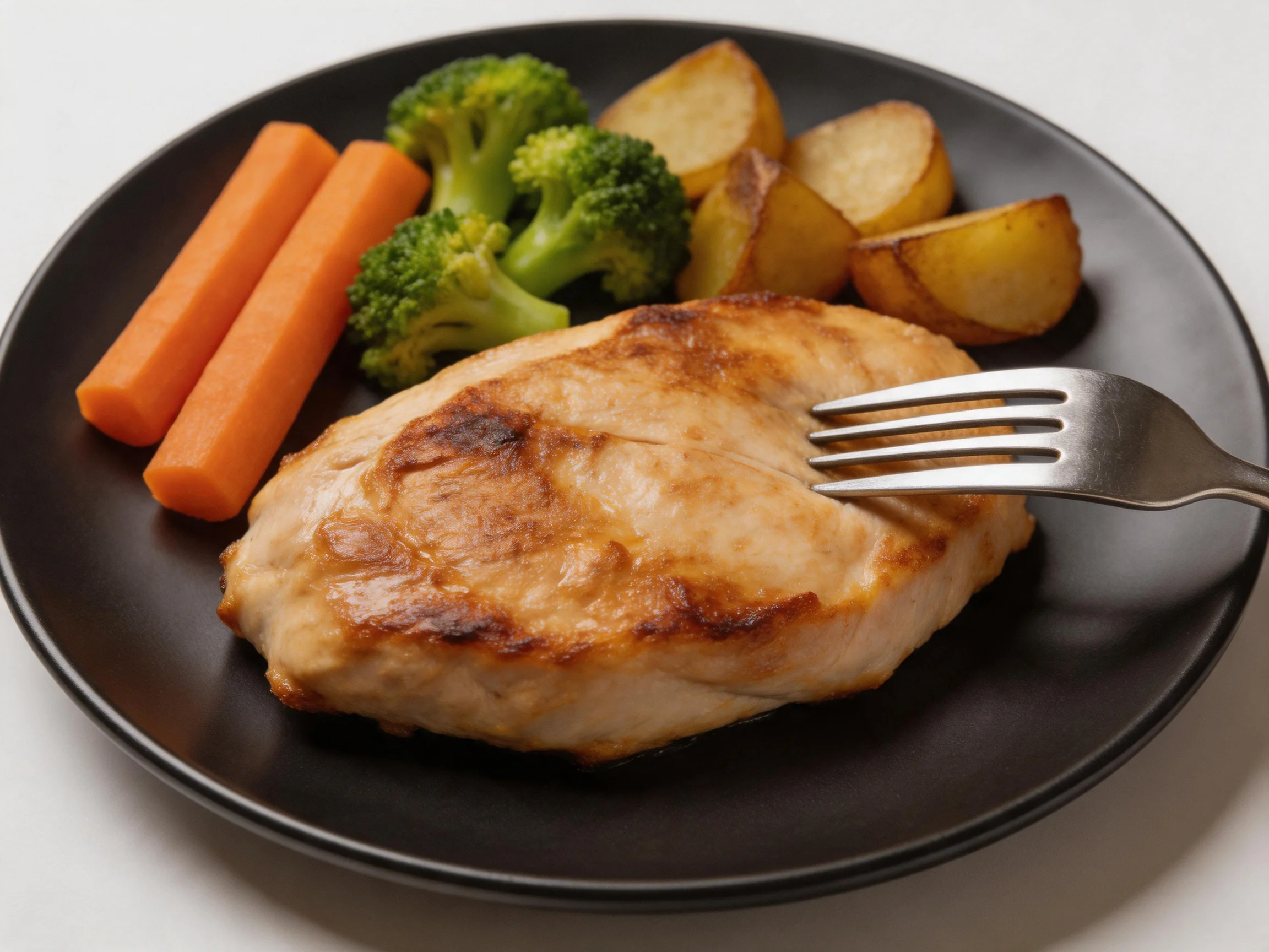 Grilled chicken with roasted potatoes, broccoli, and carrots on a black plate