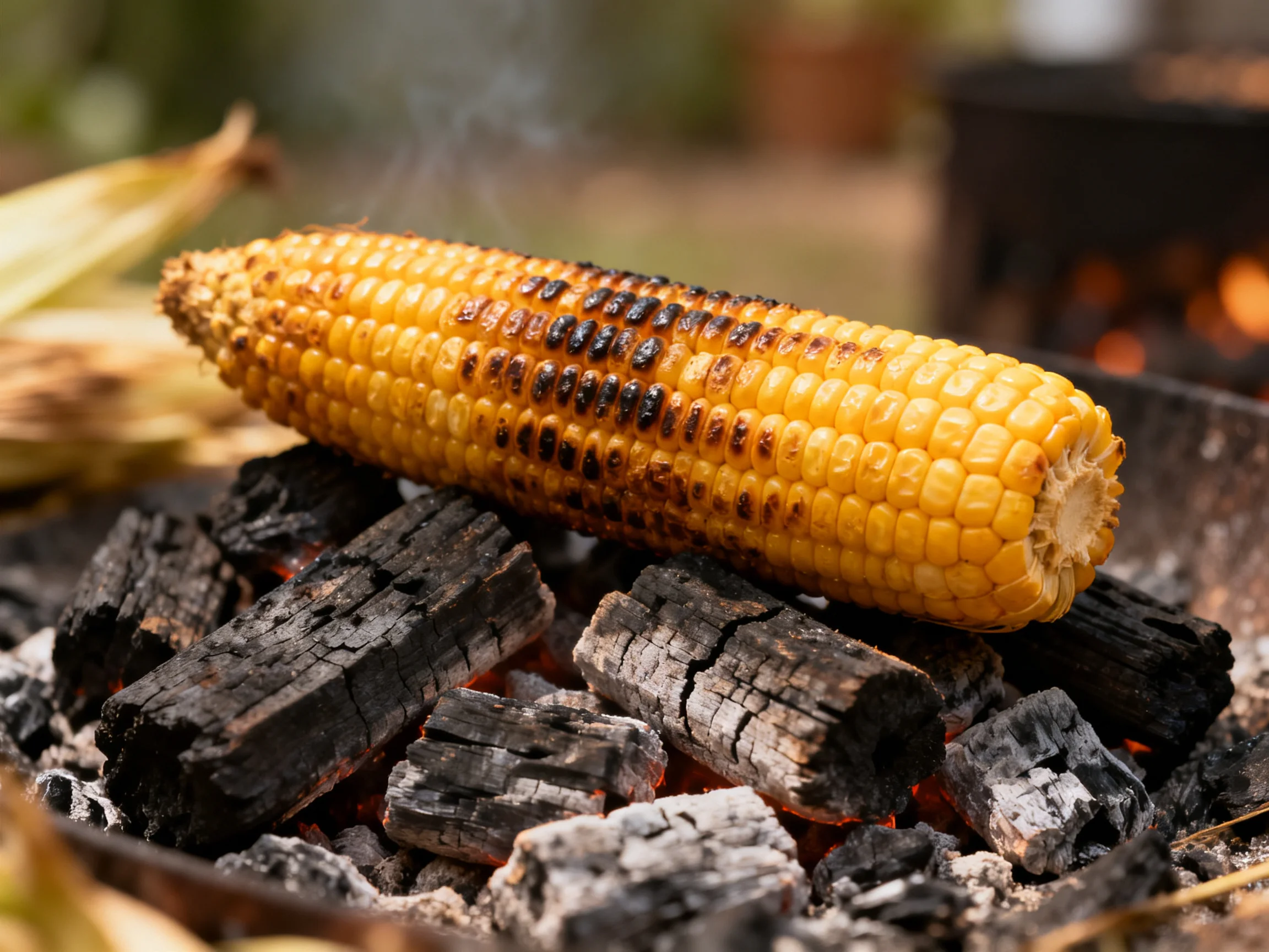 Grilled corn cob with charred spots on blackened wood chunks over glowing embers