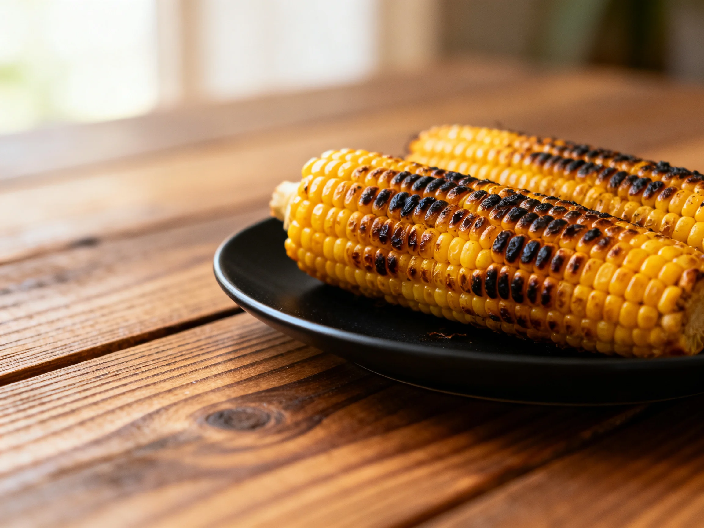 Grilled corn cobs with char marks served on a black plate