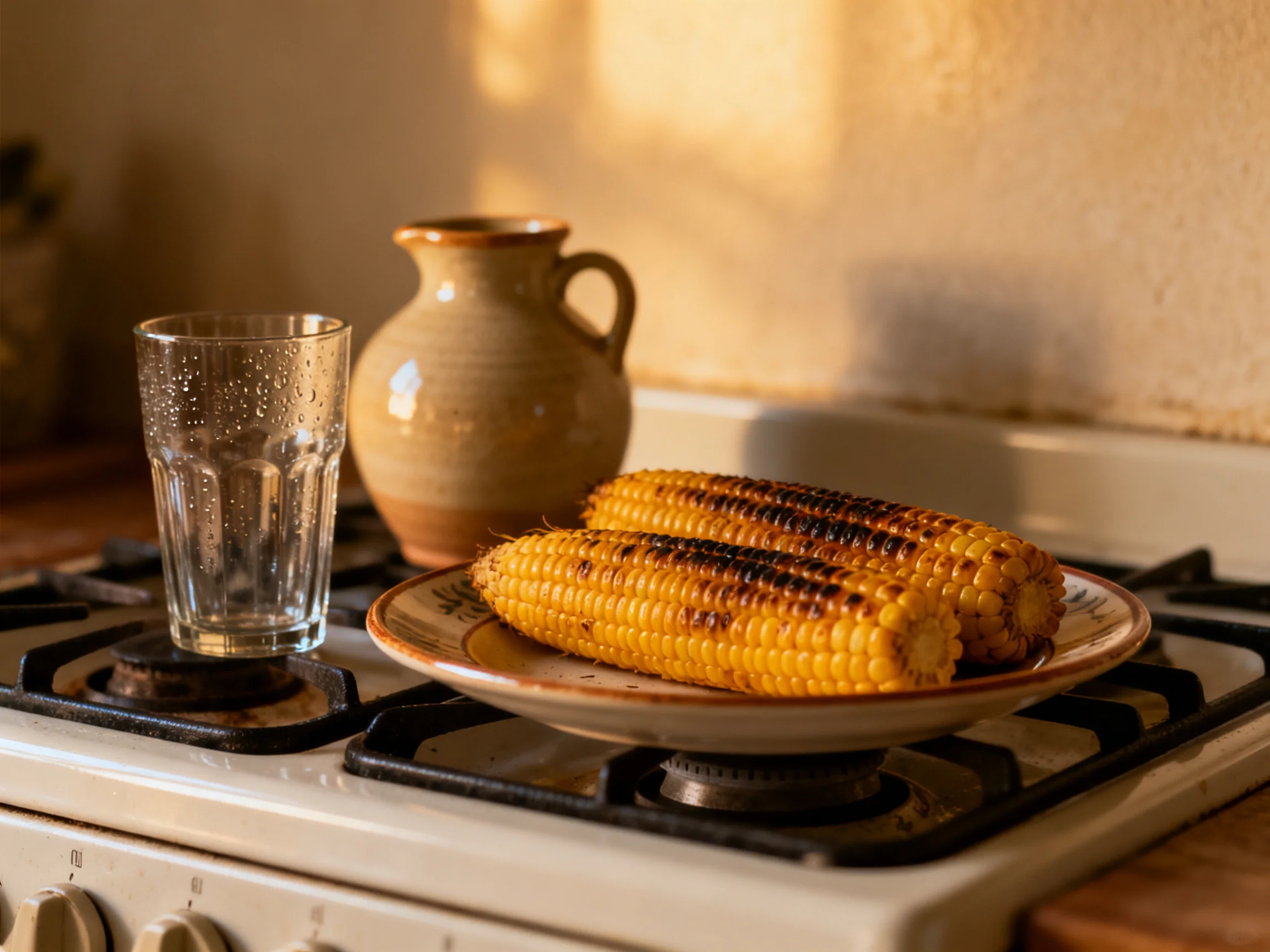 Grilled corn on a plate with a glass and pitcher on a gas stove