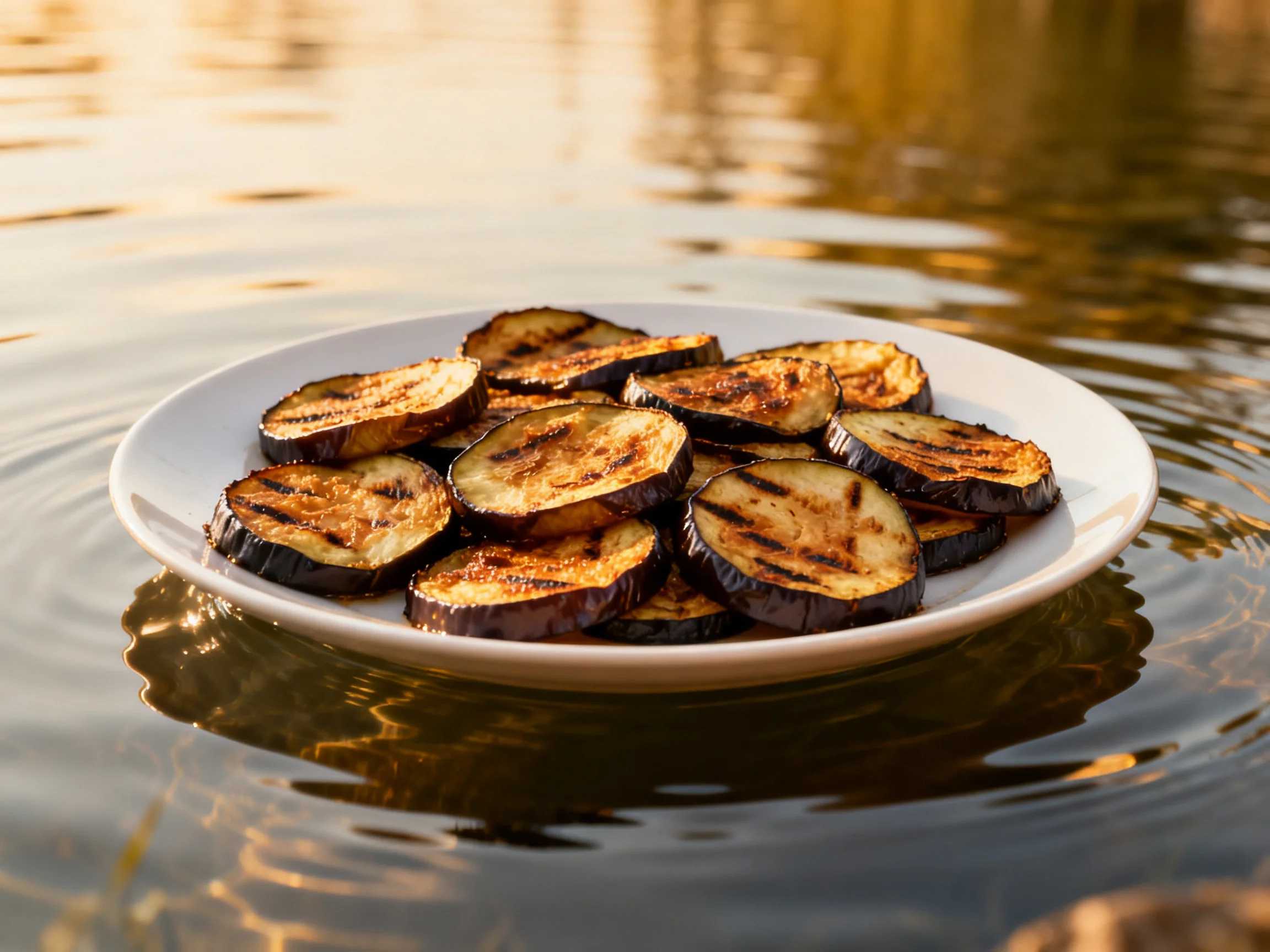 Grilled eggplant slices arranged on a white plate atop rippling water