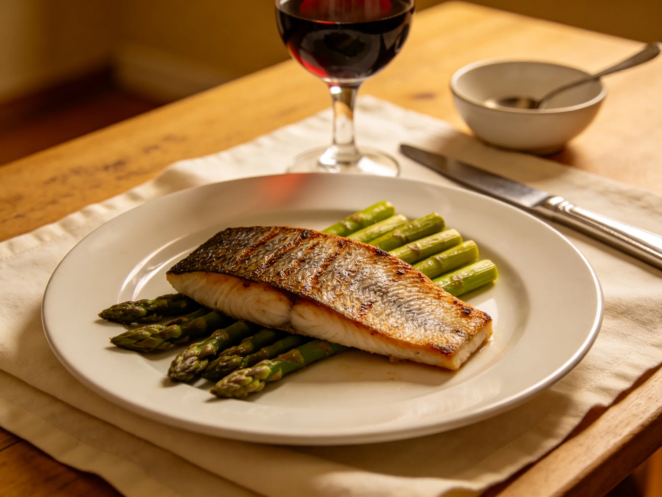 Grilled fish fillet with asparagus, red wine, and tableware on wooden table