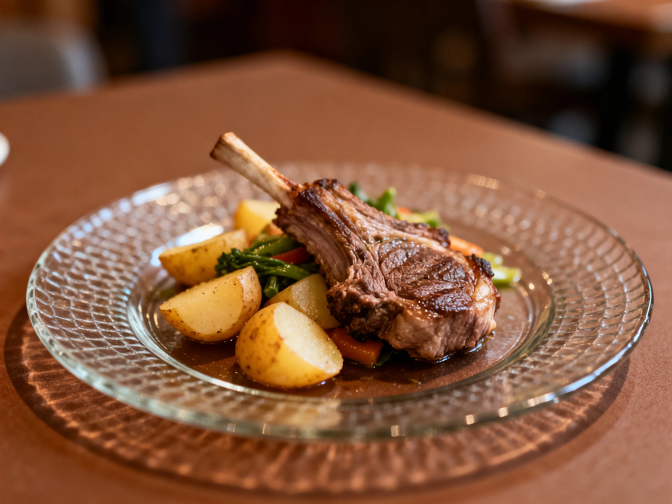 Grilled lamb chop with boiled potatoes and mixed vegetables on textured glass plate
