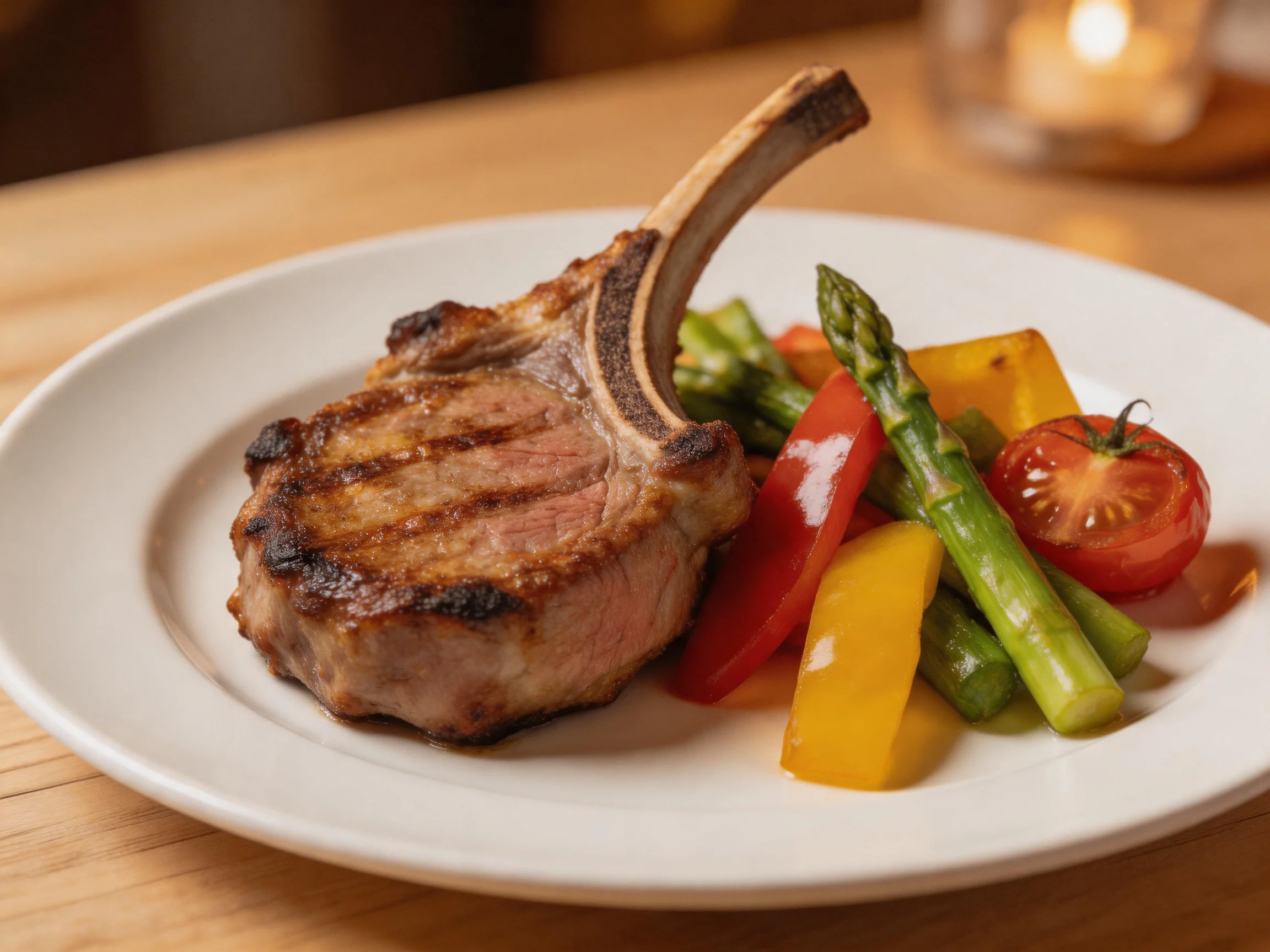 Grilled lamb chop with colorful vegetable sides