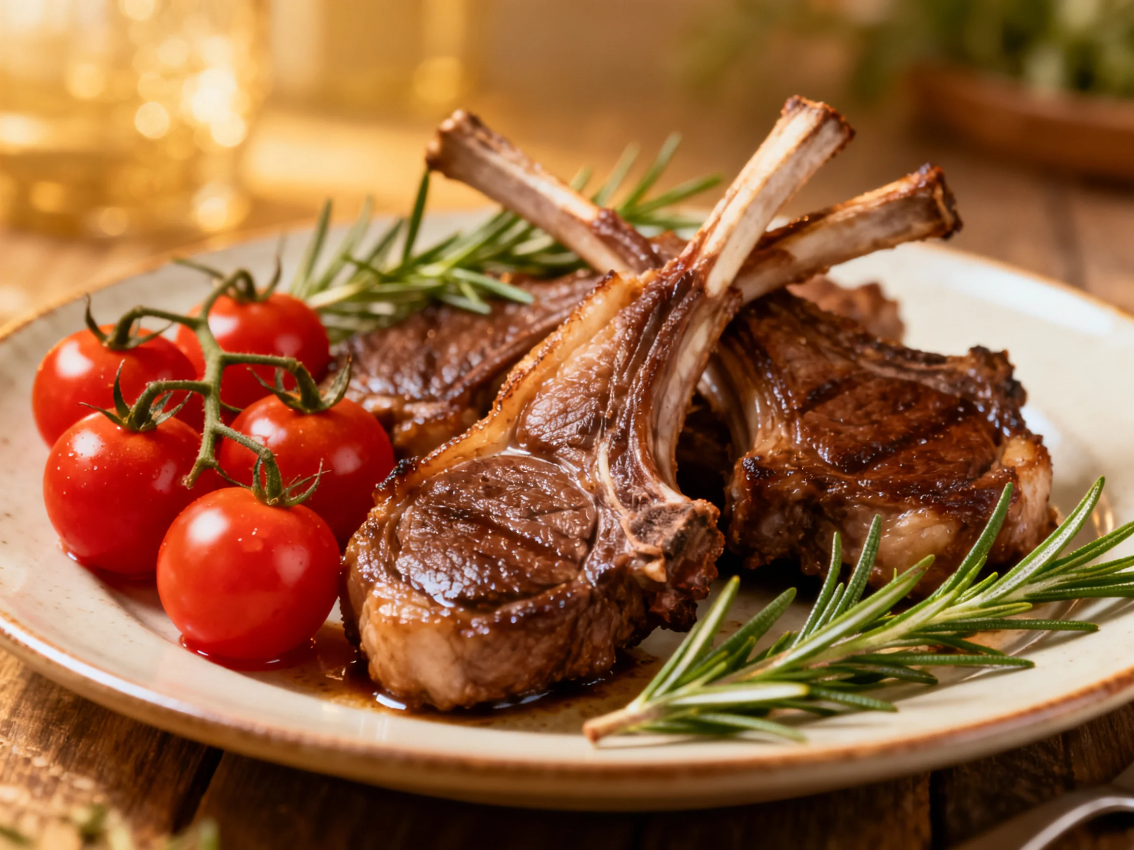Grilled lamb chops served with cherry tomatoes and fresh rosemary garnish
