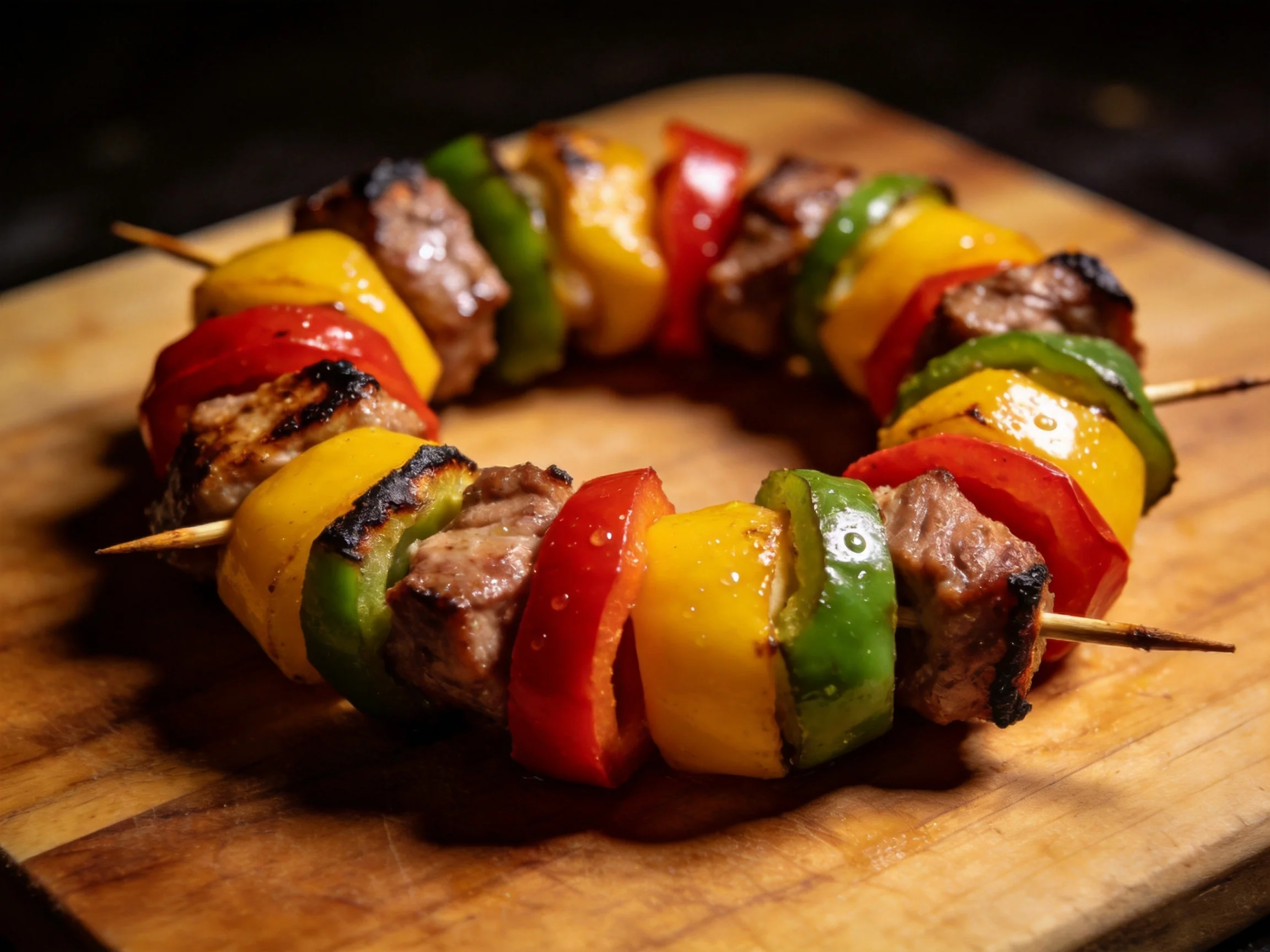 Grilled meat and vibrant pepper skewers arranged in a circular formation