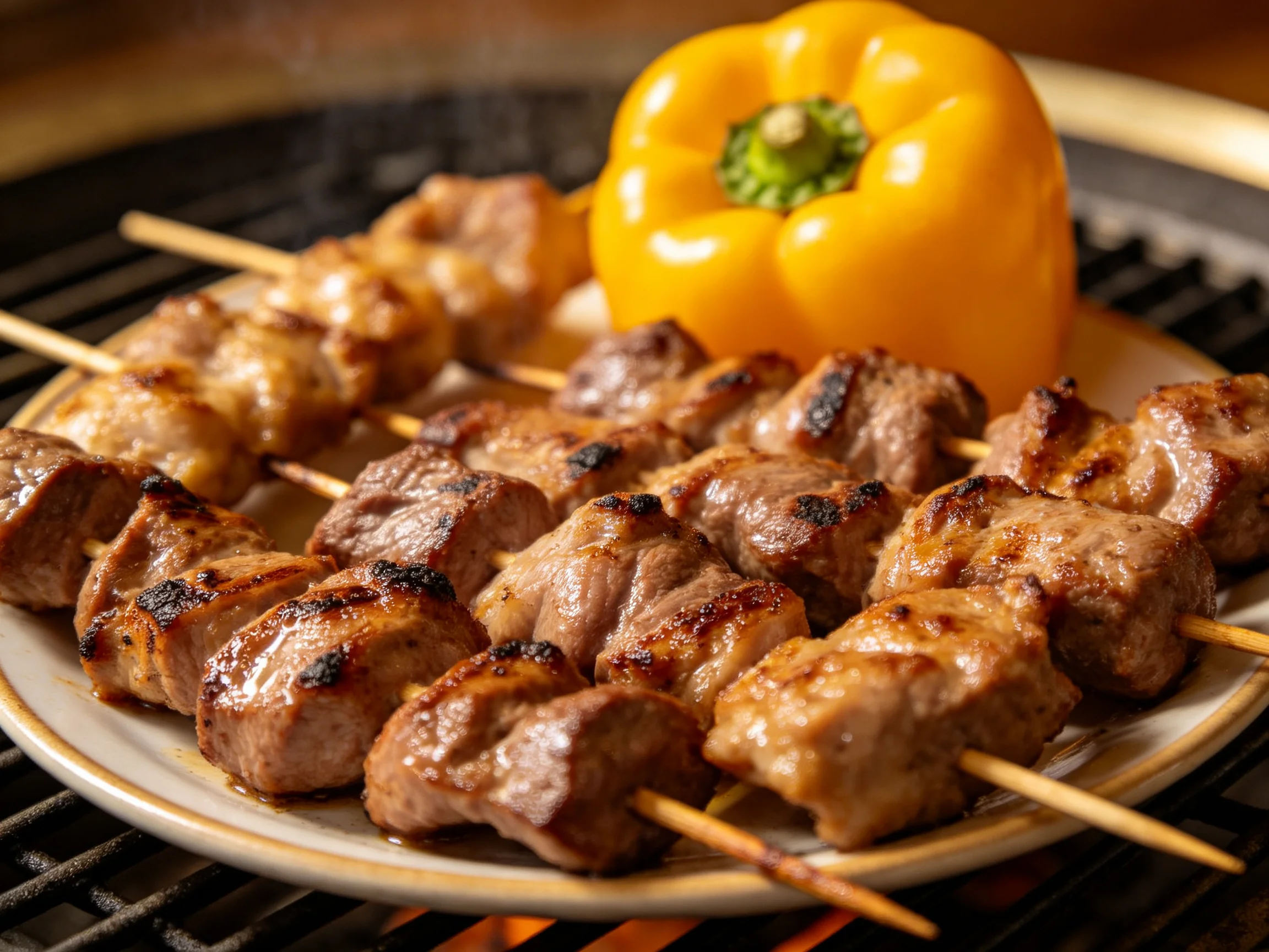 Grilled meat skewers with a bright yellow bell pepper on a plate