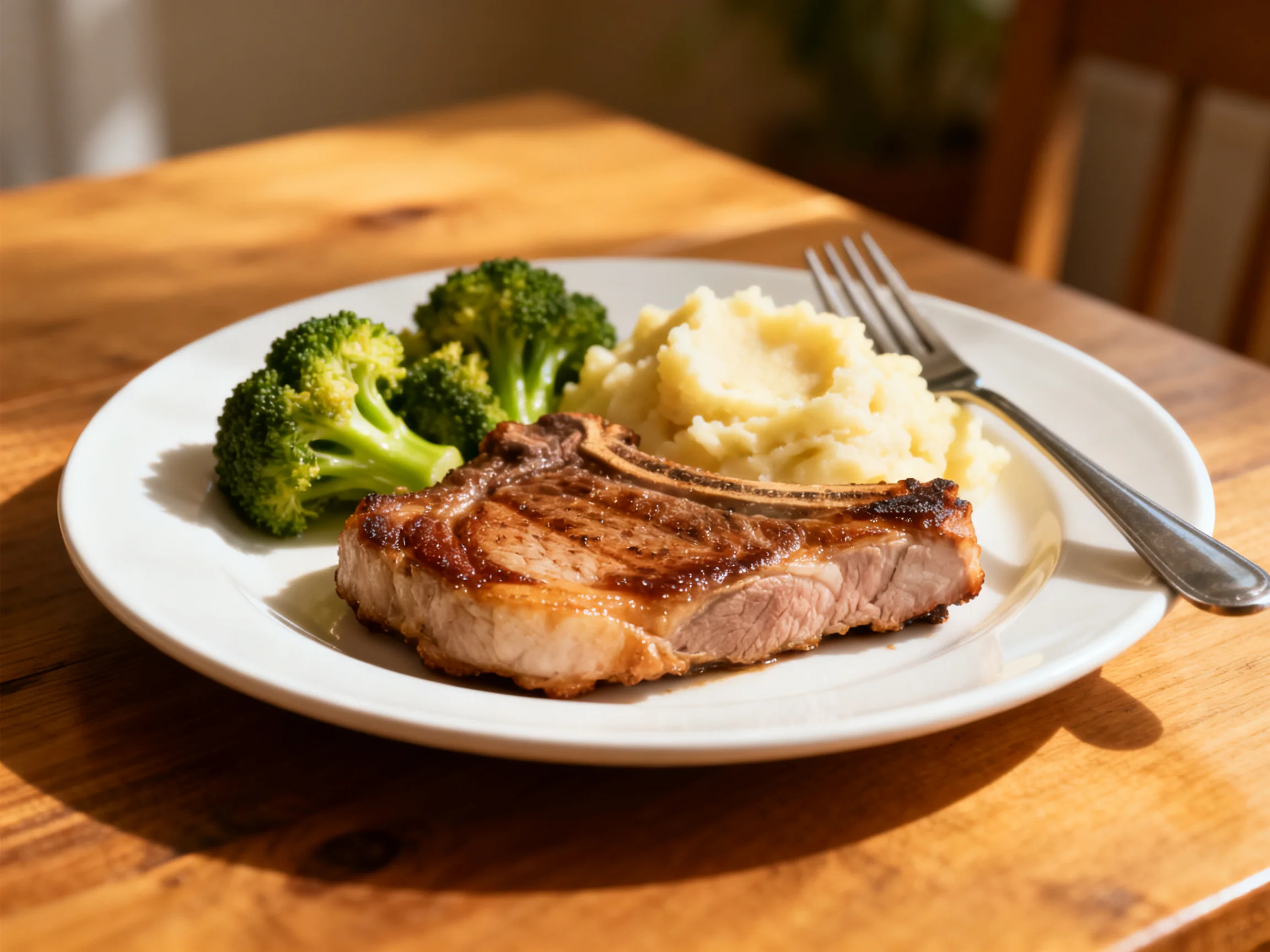 Grilled pork chop, mashed potatoes, and broccoli on a white plate