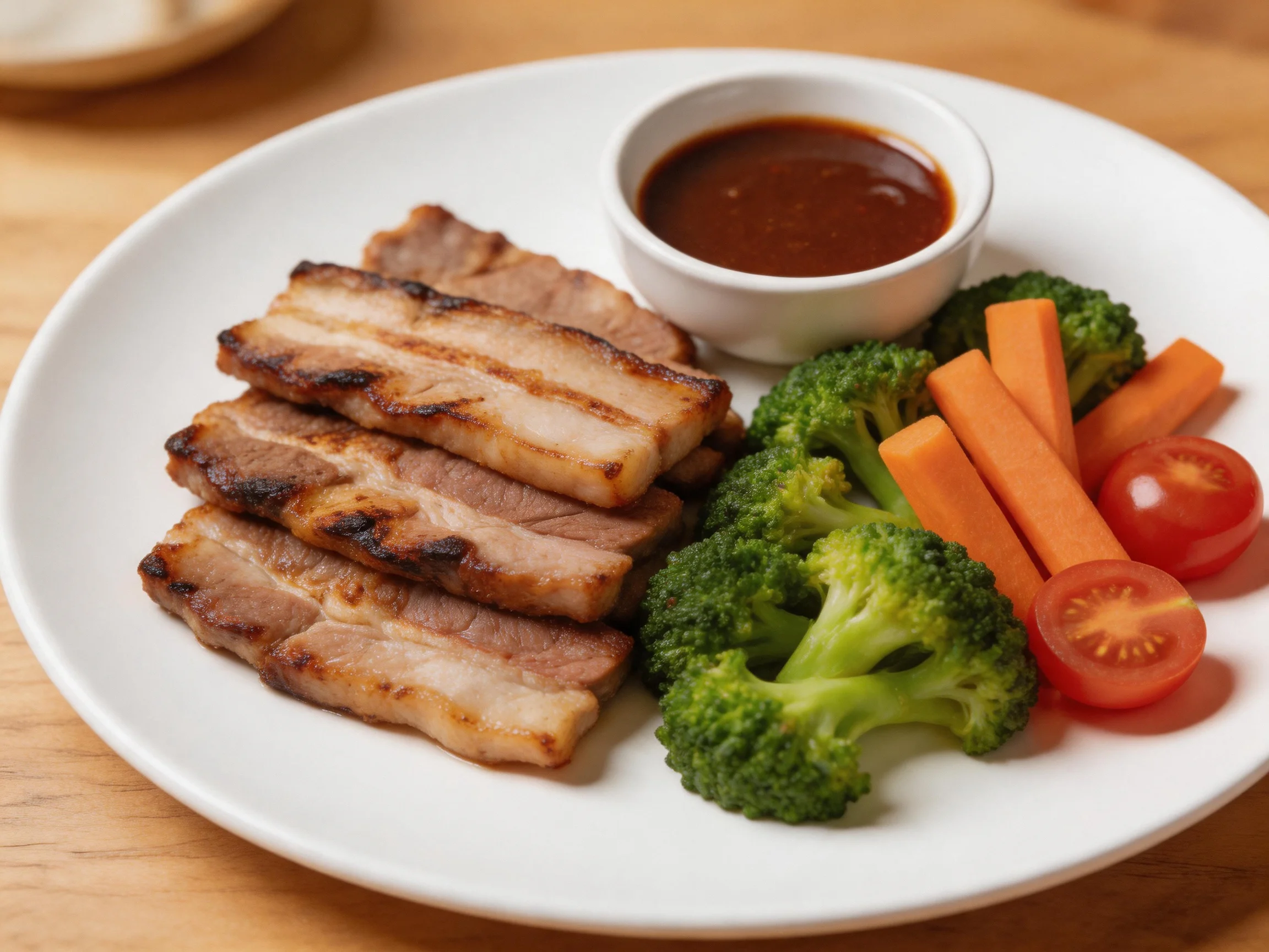 Grilled pork slices served with broccoli, carrots, tomatoes, and sauce