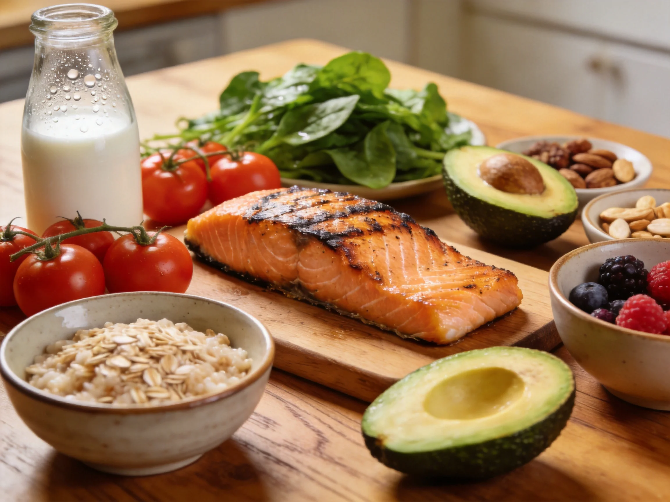 Grilled salmon, avocados, spinach, tomatoes, oats, milk, nuts, berries arranged on wooden kitchen tab