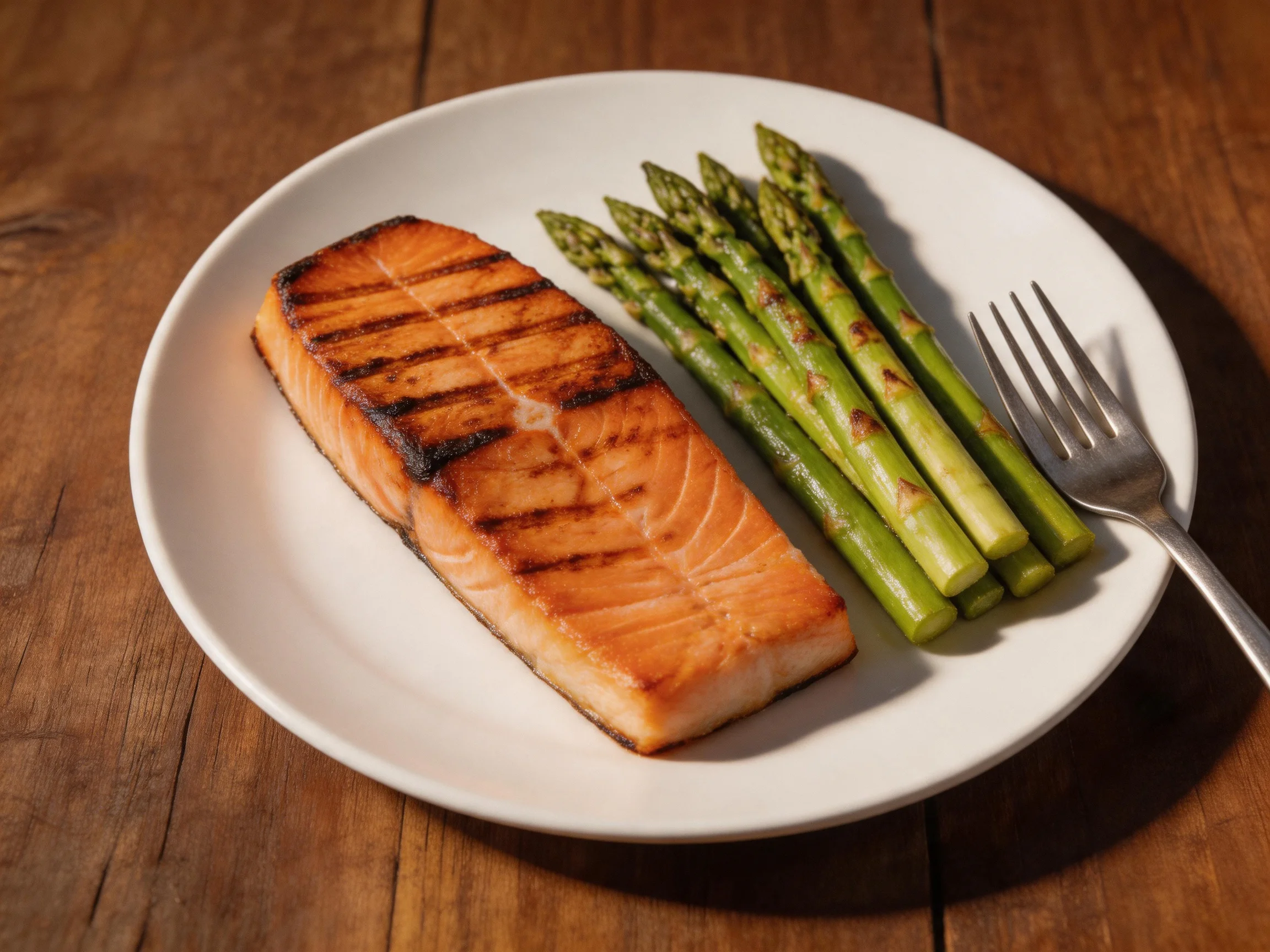 Grilled salmon fillet and roasted asparagus on a white plate