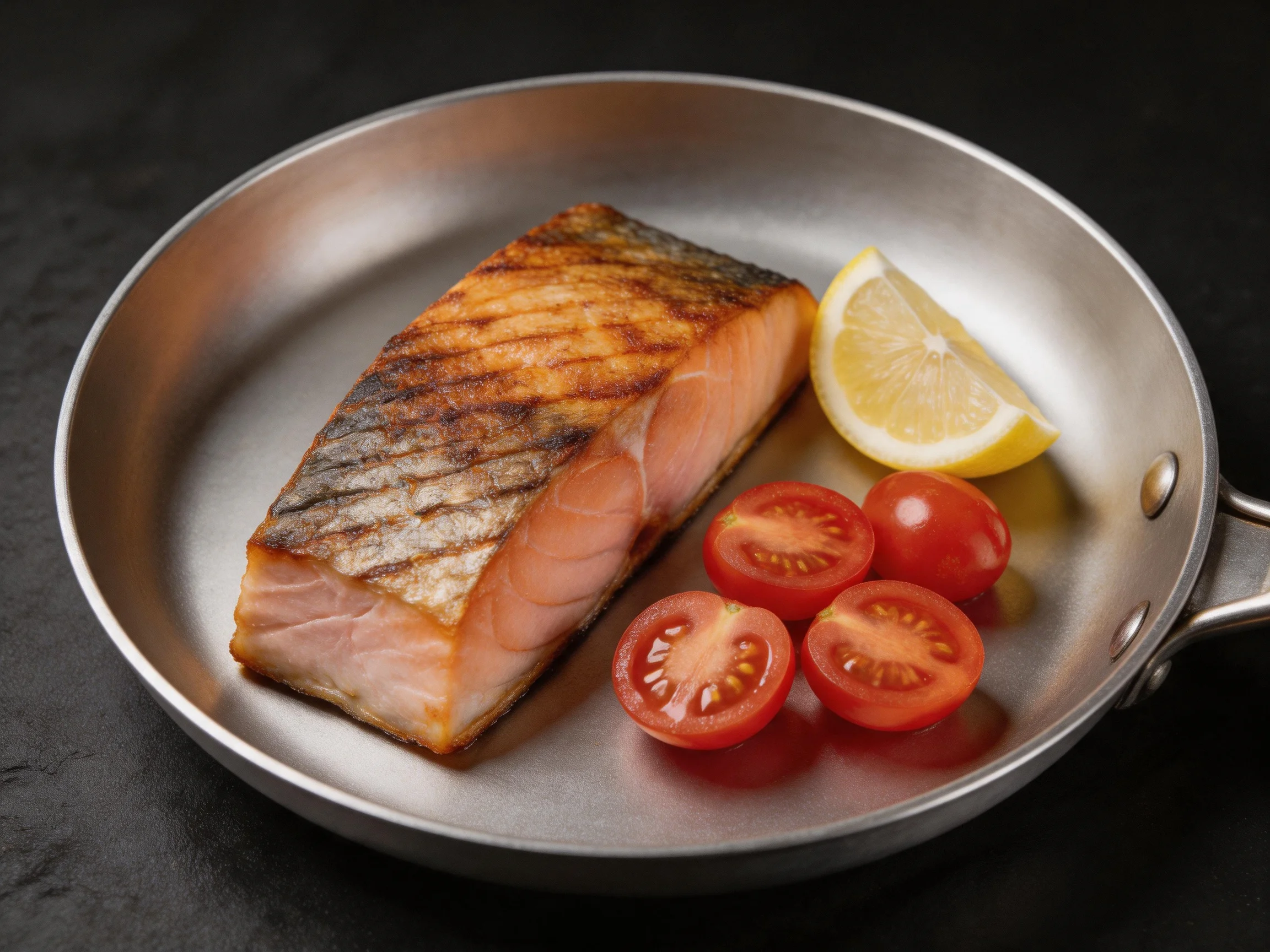 Grilled salmon fillet, cherry tomatoes, and lemon in a metal pan