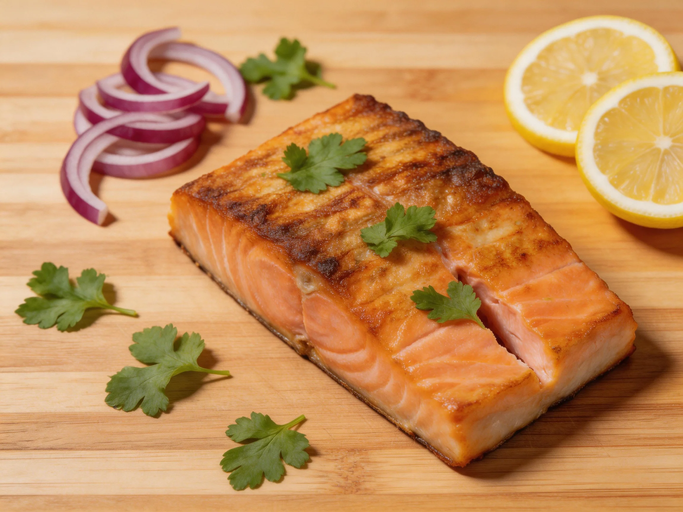 Grilled salmon fillet on wooden board with red onions, lemons, and cilantro