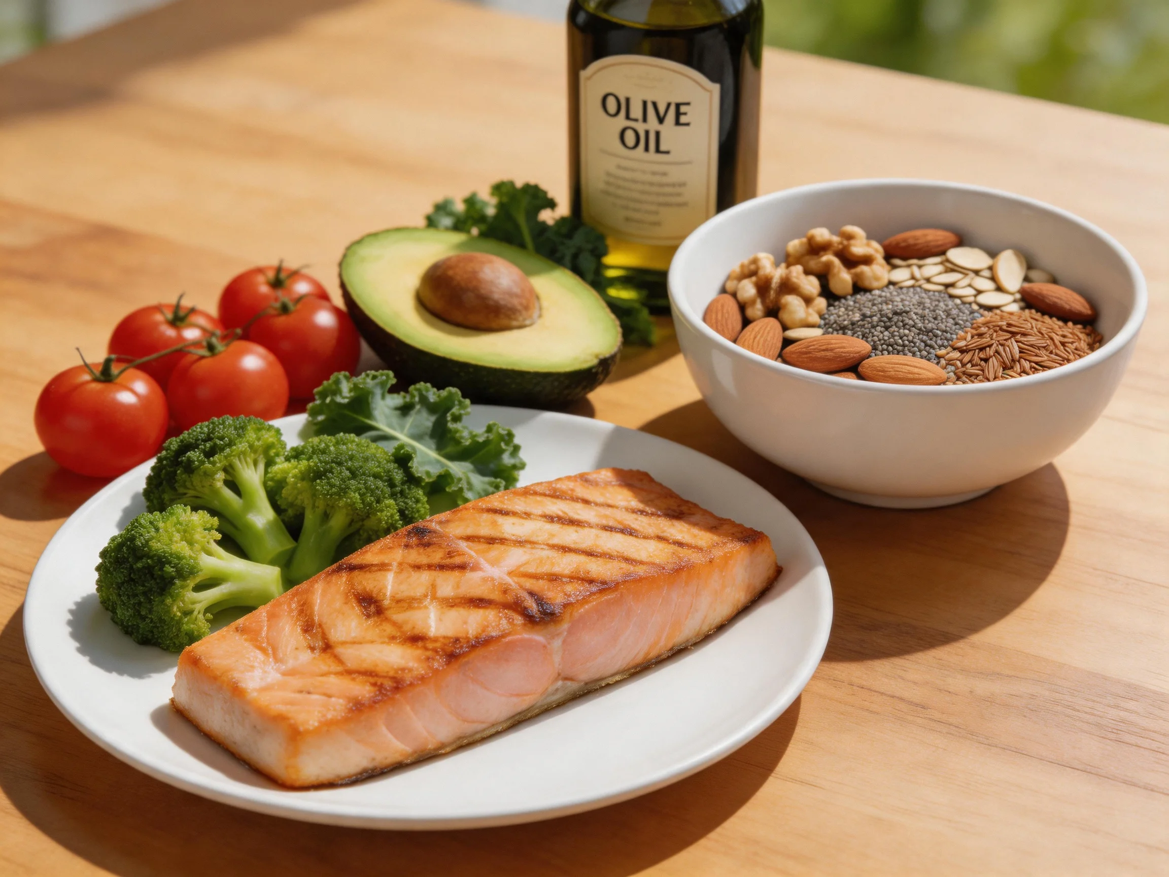 Grilled salmon, fresh vegetables, and mixed nuts on a wooden table