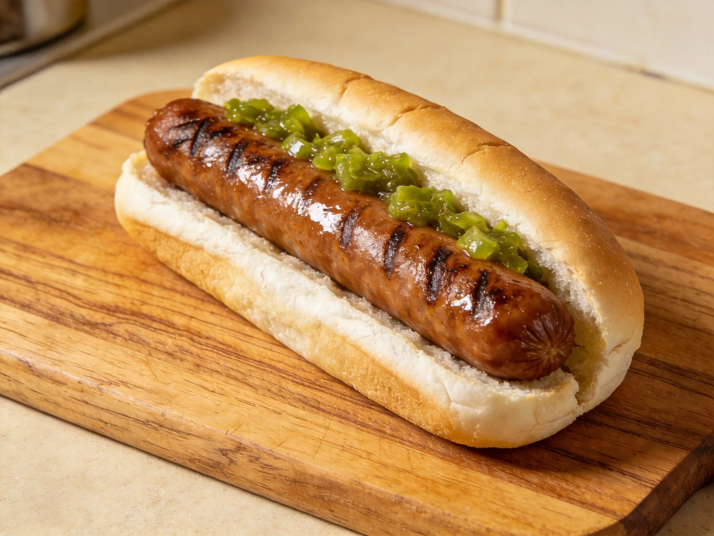 Grilled sausage sandwich with green relish in a bun on a wooden cutting board