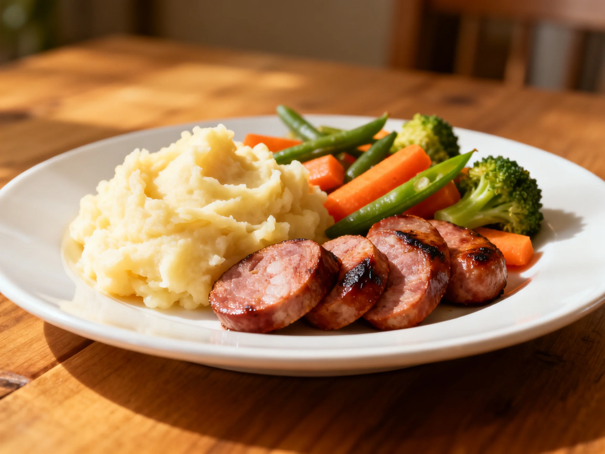 Grilled sausage slices, creamy mashed potatoes, and vibrant mixed vegetables
