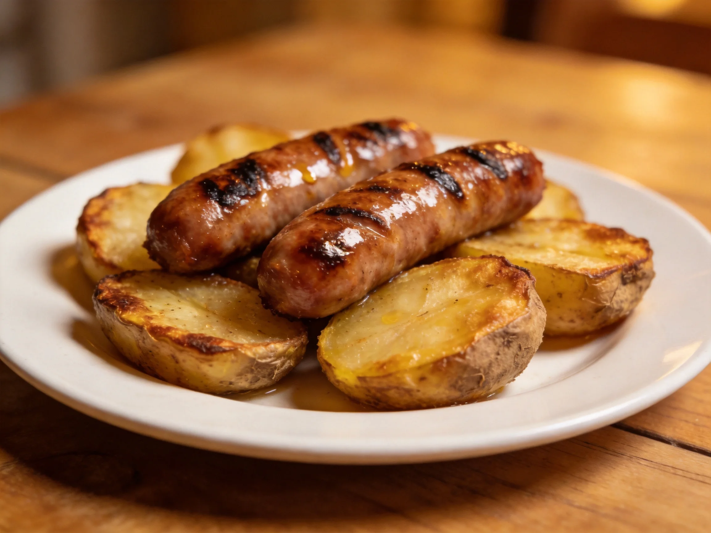 Grilled sausages and golden-brown roasted potatoes on a white plate