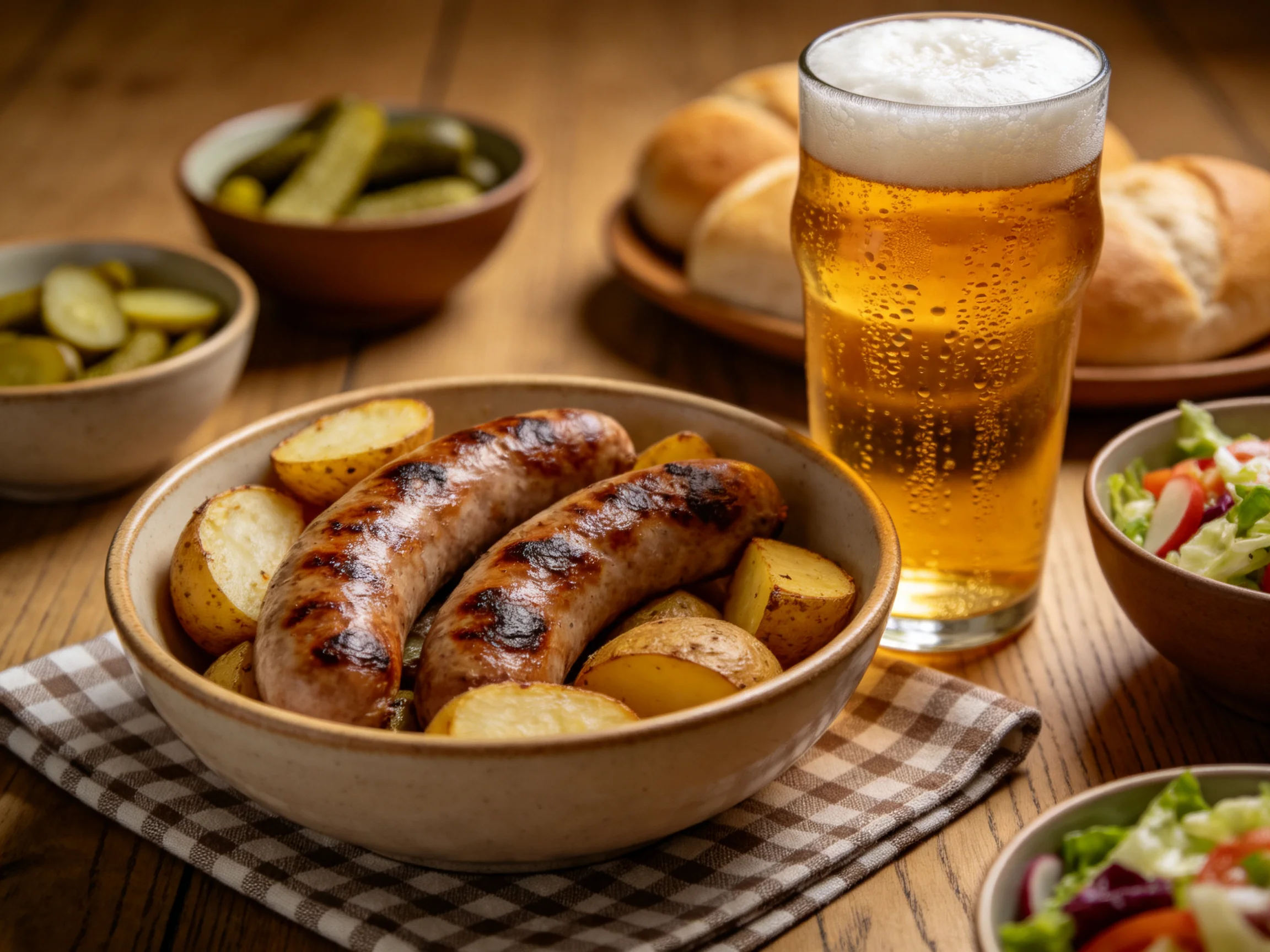 Grilled sausages, roasted potatoes, beer, and sides on a wooden table