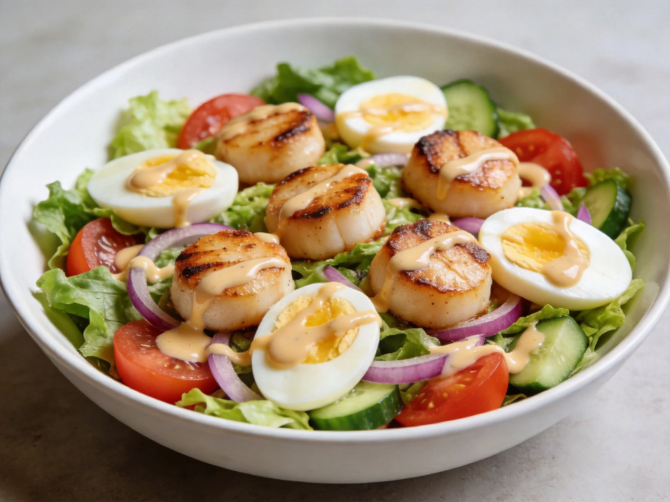 Grilled scallops, hard-boiled eggs, and mixed vegetable salad with dressing