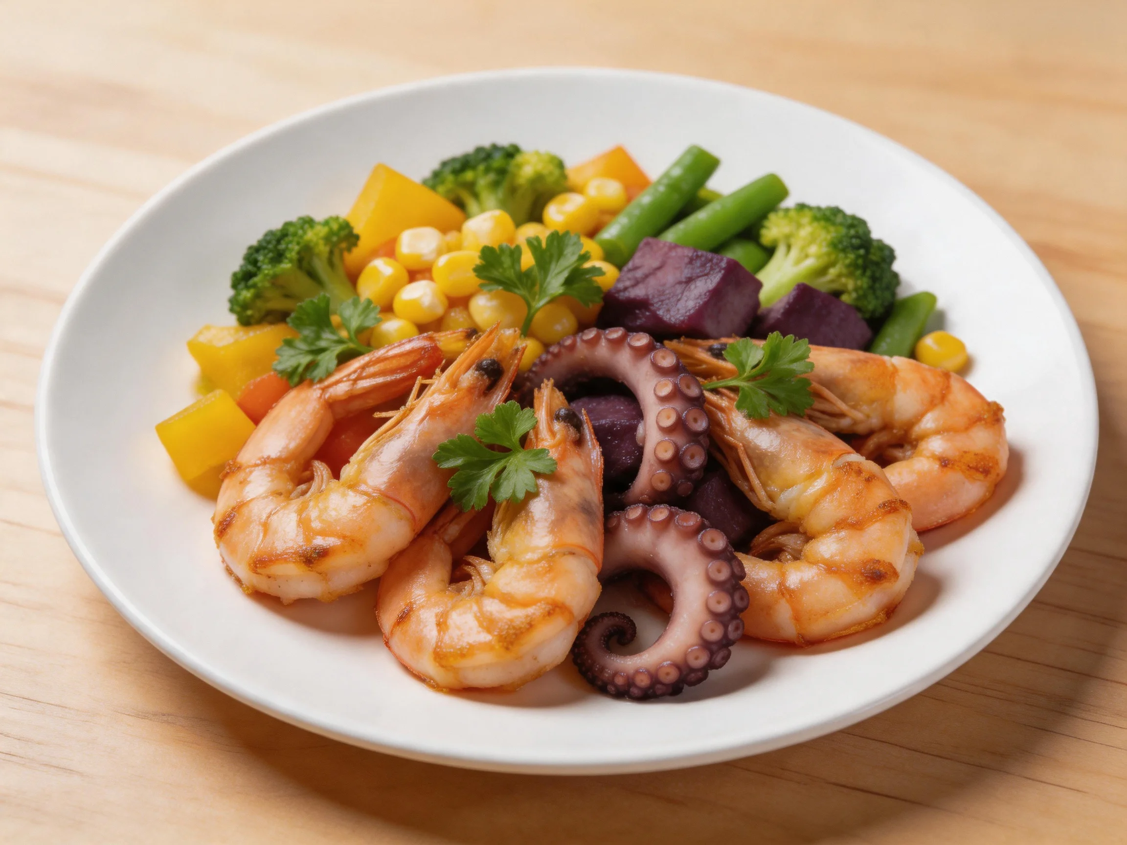 Grilled shrimp, octopus, and mixed vegetables presented on a white dish