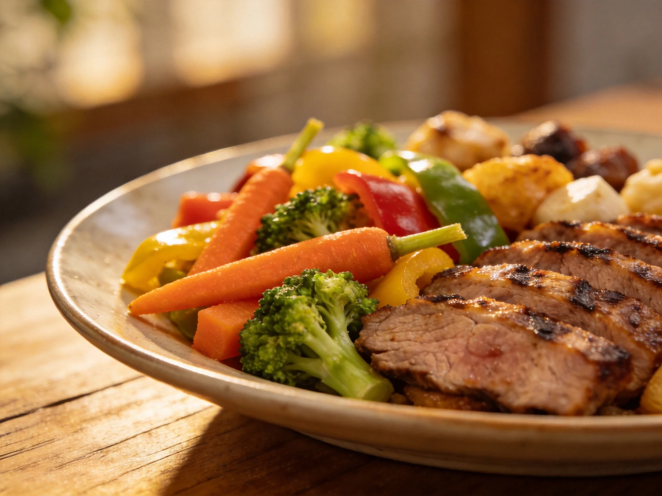 Grilled sliced meat with colorful roasted vegetables on rustic wooden table