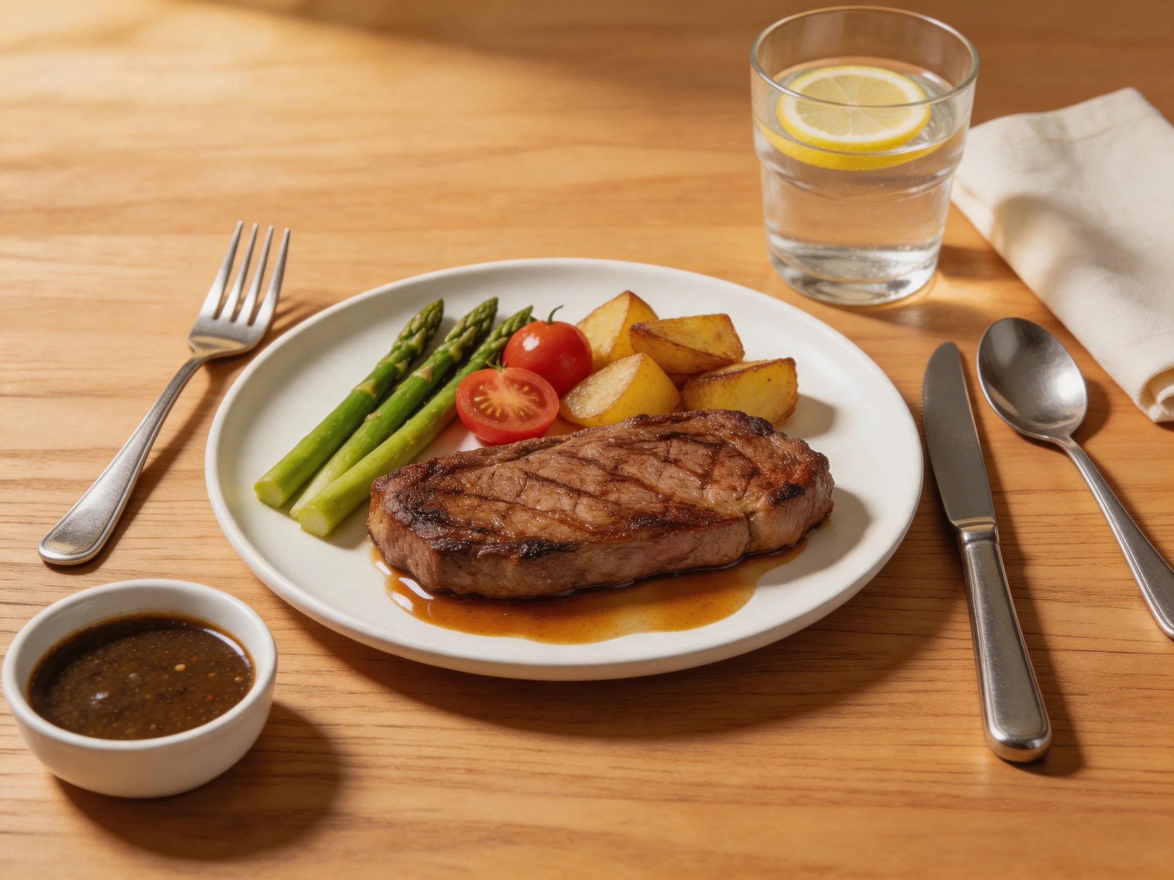 Grilled steak dinner with roasted potatoes, asparagus, cherry tomatoes, and sauce on a wooden table