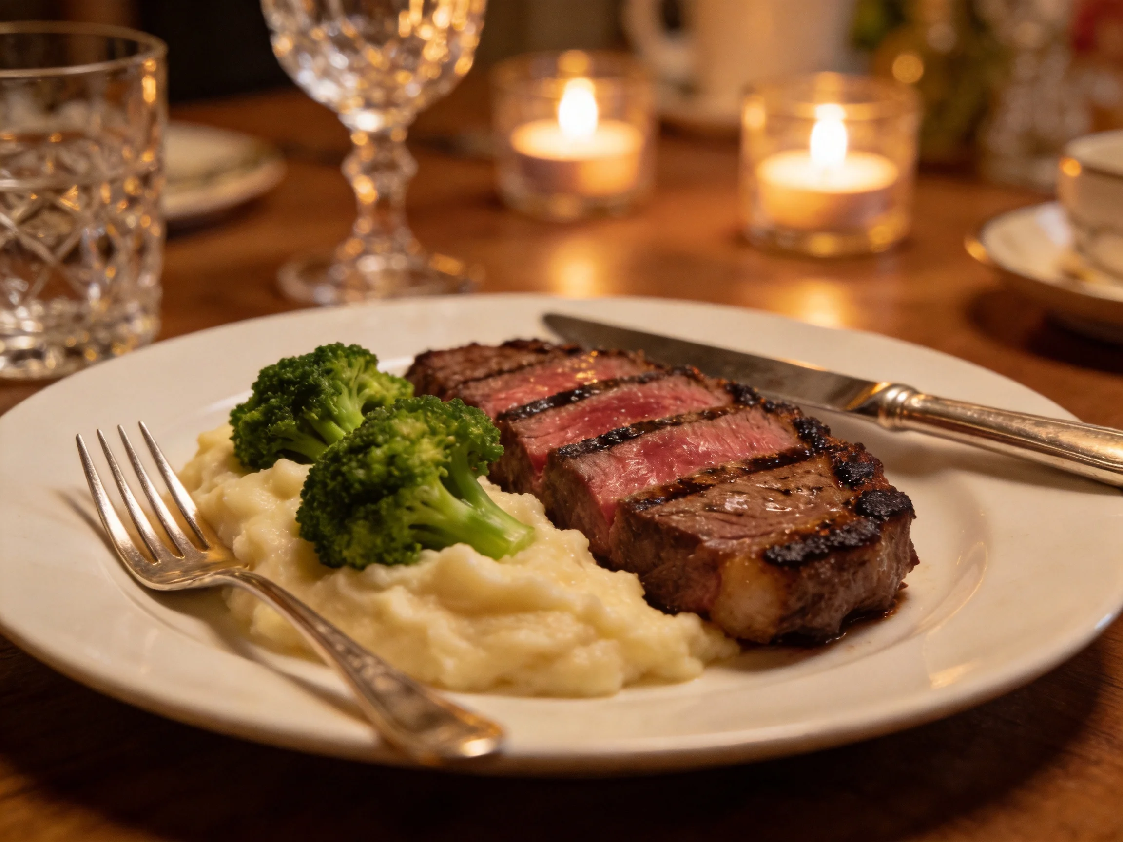 Grilled steak dish with mashed potatoes and broccoli on a white plate