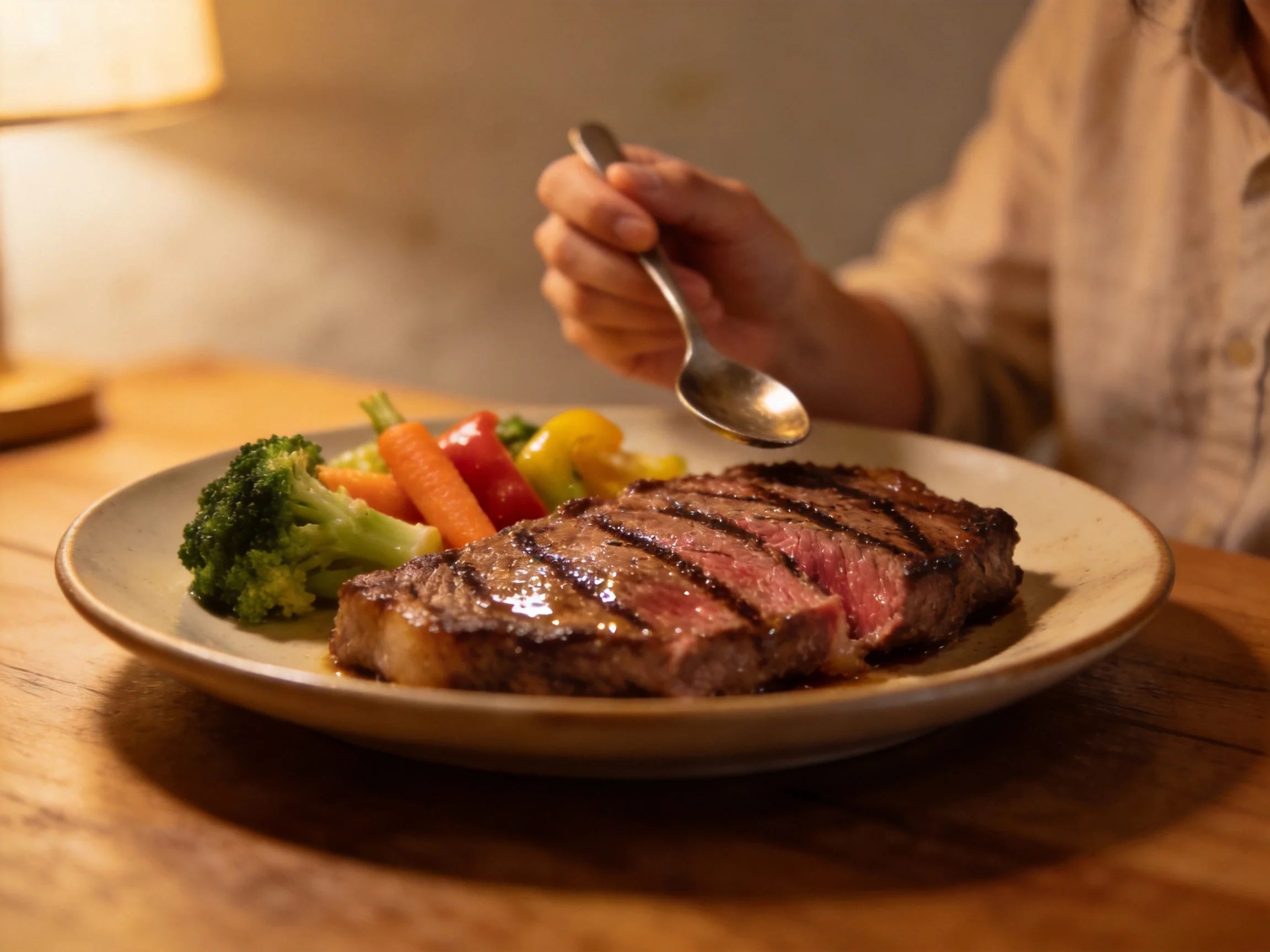 Grilled steak dish with mixed vegetables on a wooden table
