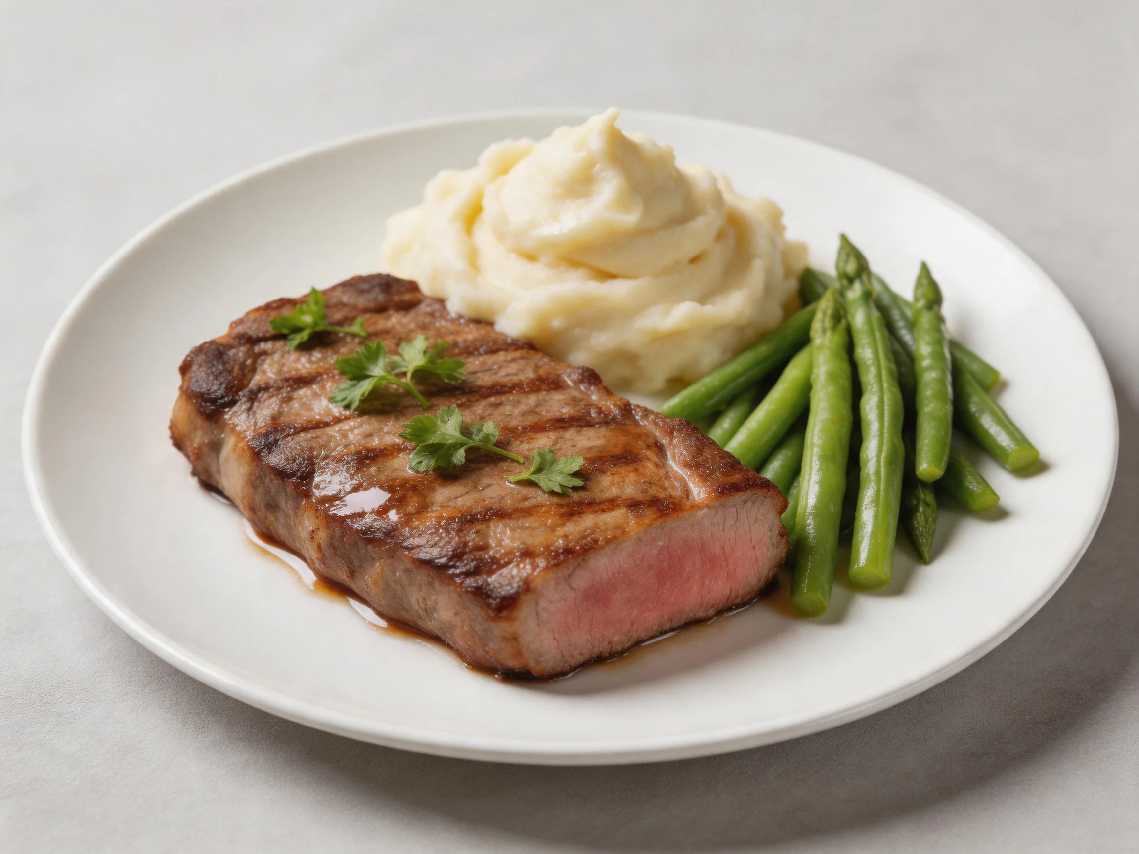 Grilled steak, mashed potatoes, and green beans served on a white plate