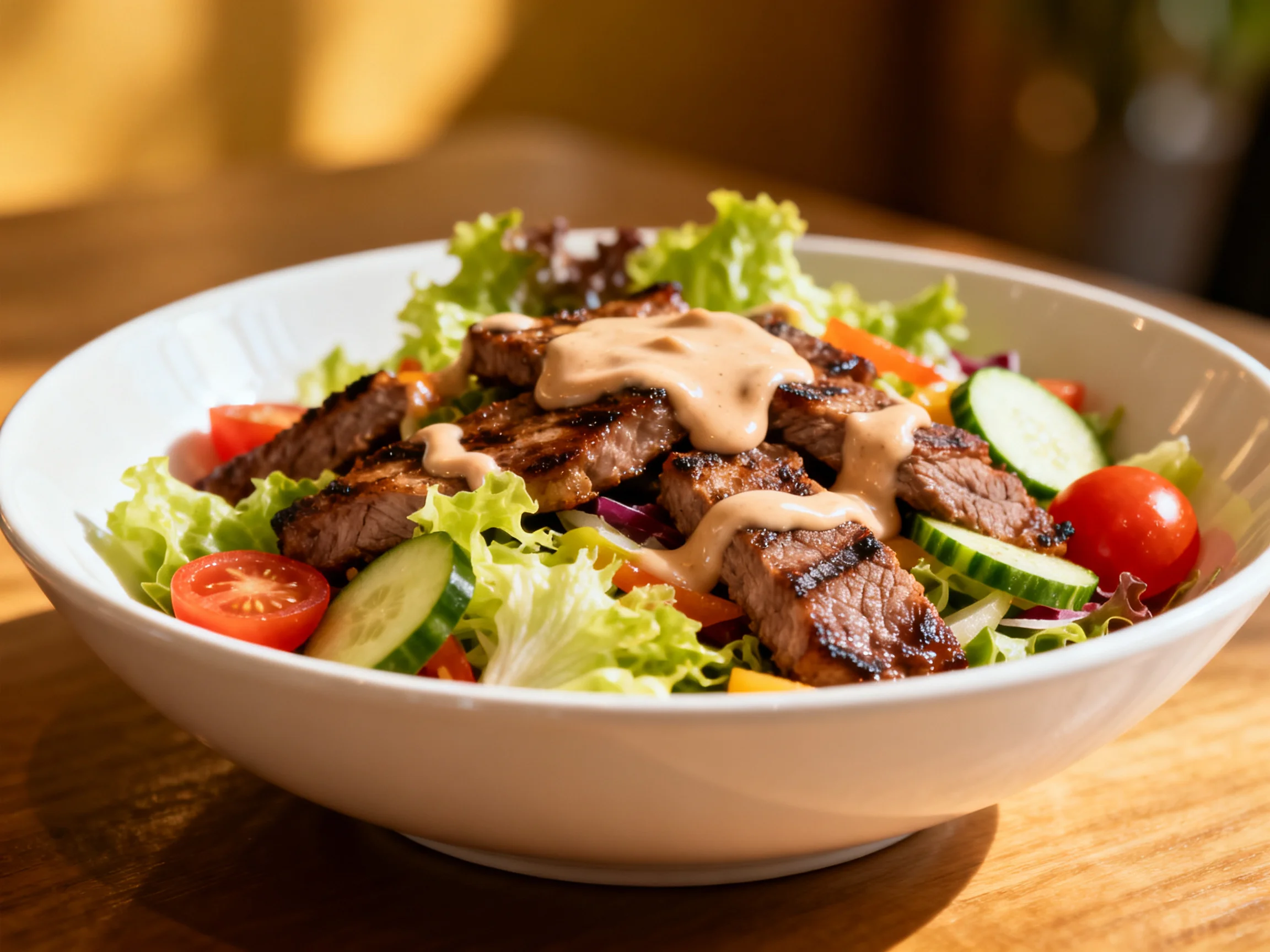 Grilled steak salad with mixed vegetables and creamy dressing