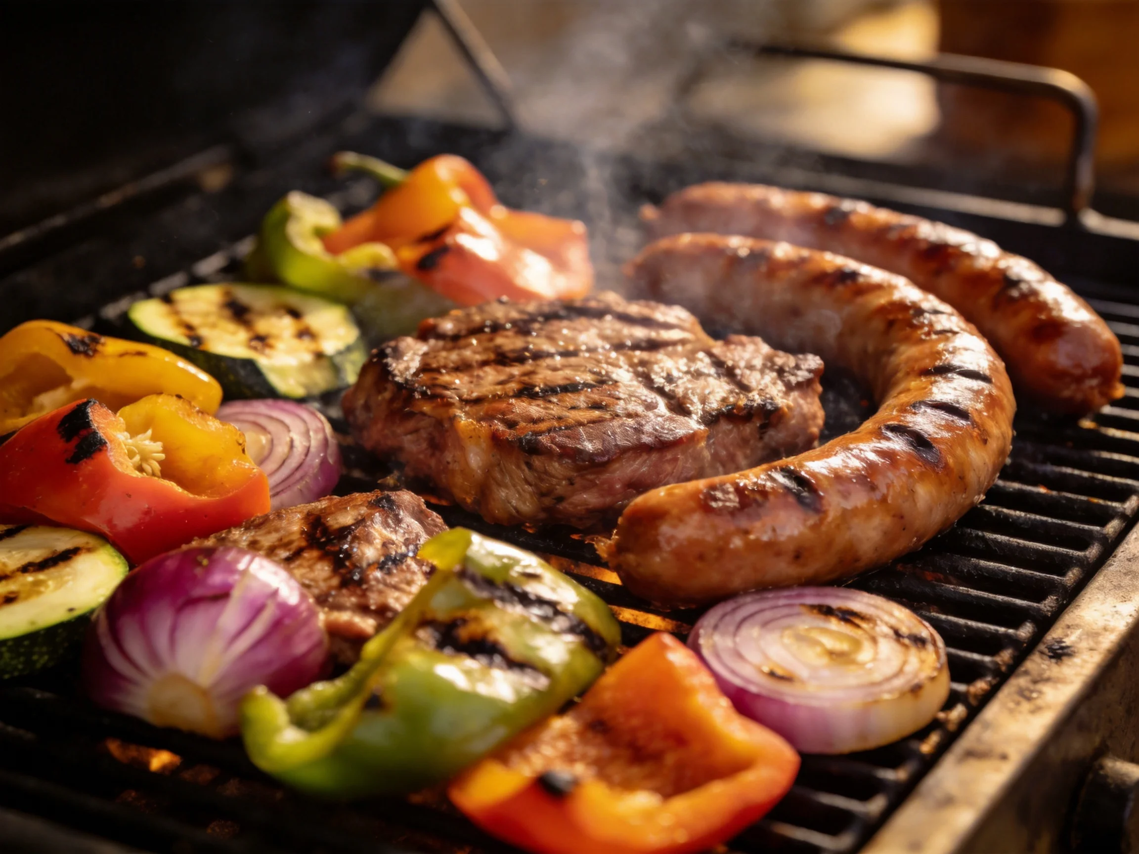 Grilled steak, sausage, and colorful vegetables cooking on a barbecue grill