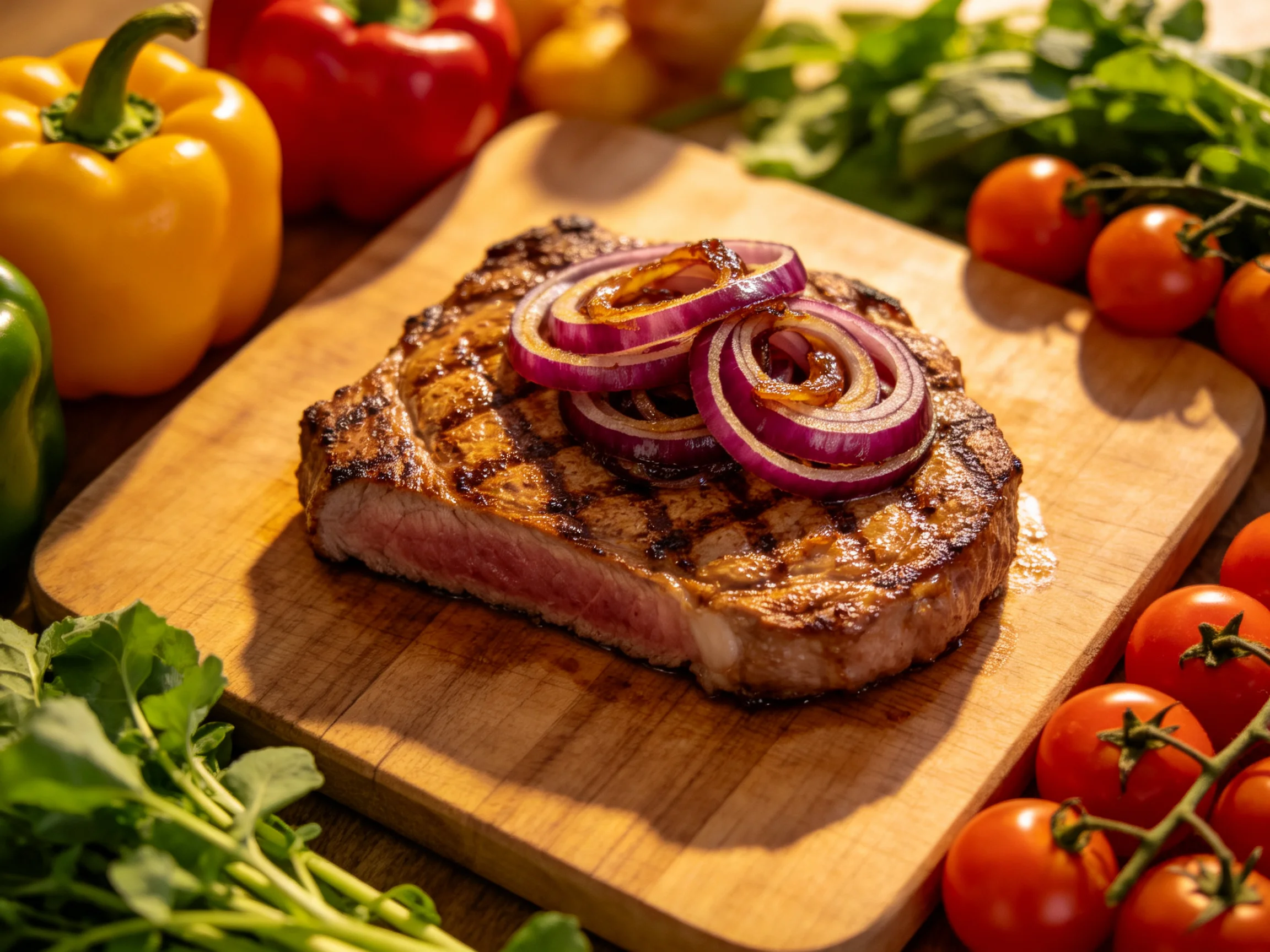 Grilled steak with red onion slices, displayed on a wooden board among colorful vegetables