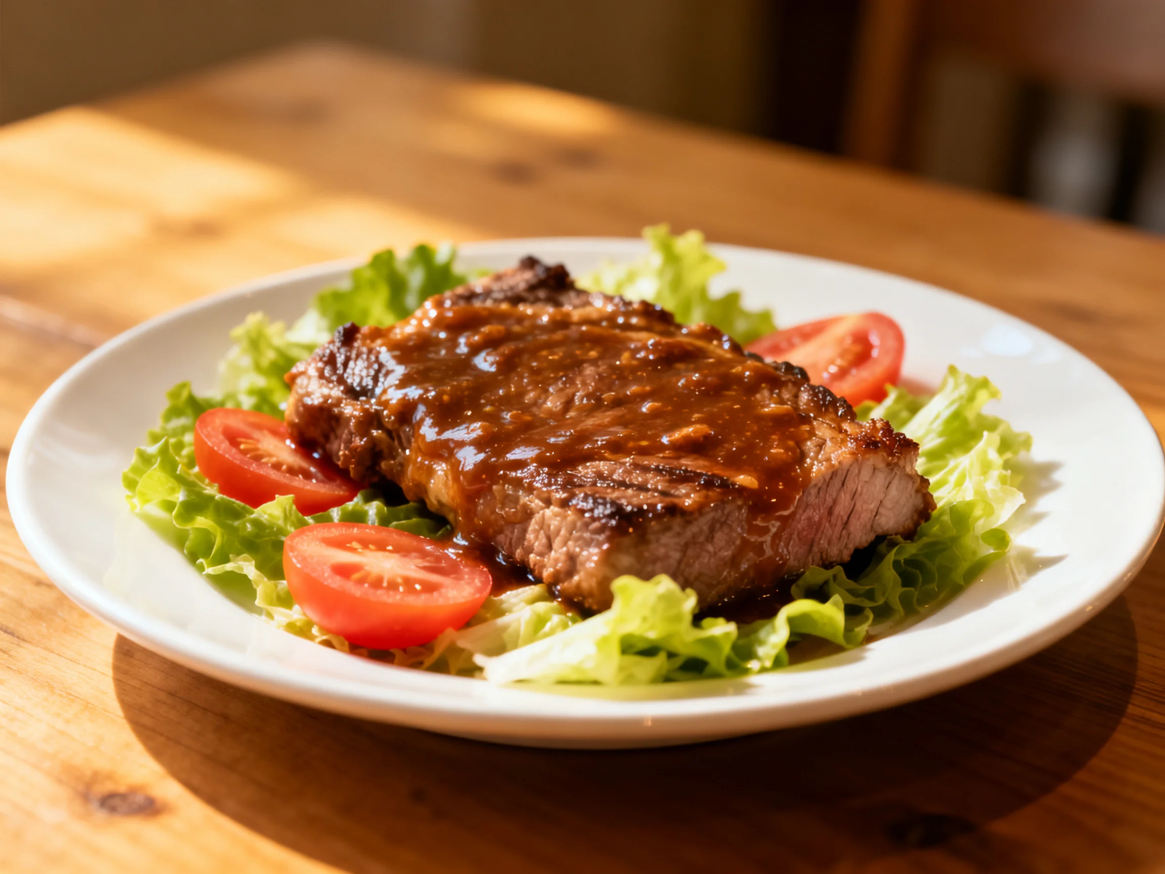 Grilled steak with sauce, lettuce, and tomatoes on a white plate