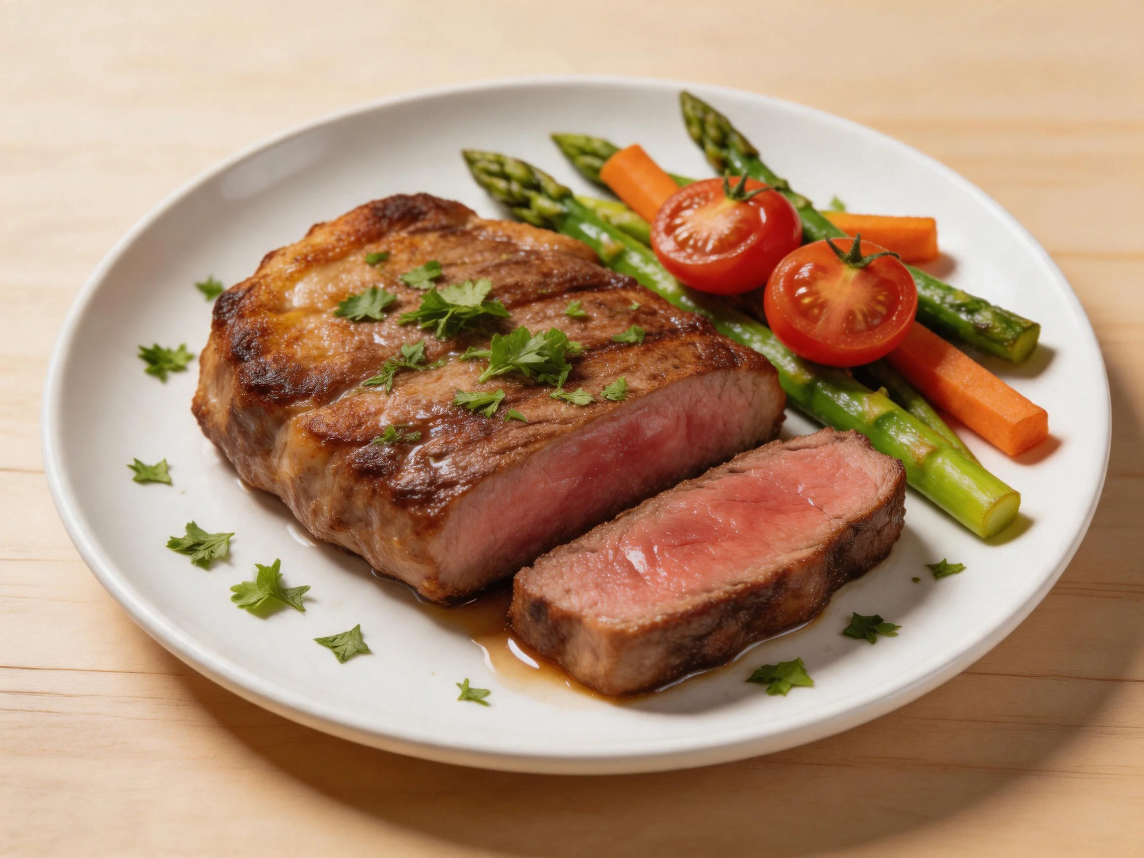 Grilled steak with sliced portions, asparagus, carrots, cherry tomatoes on a white plate