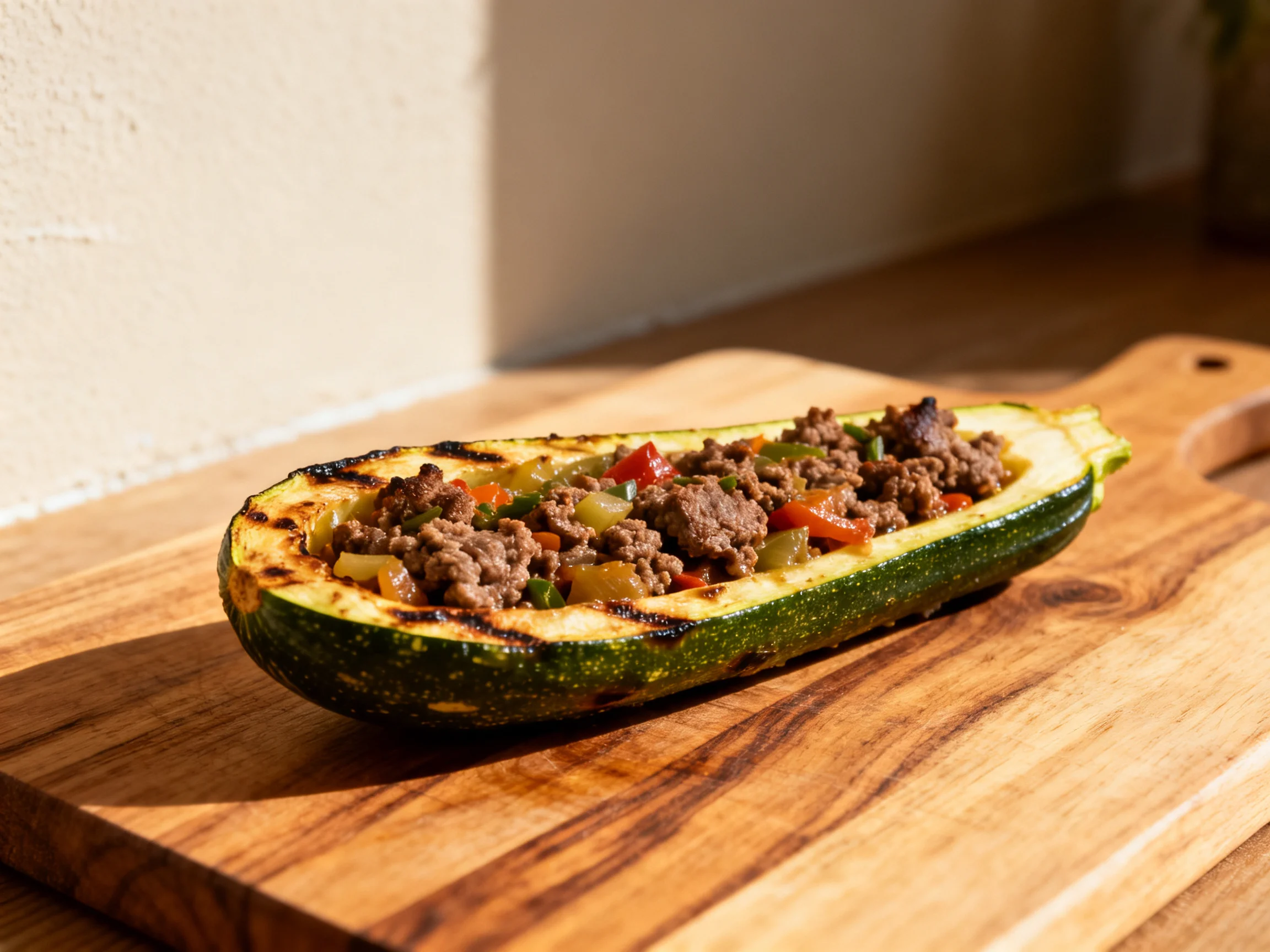 Grilled stuffed zucchini boat with seasoned ground beef and mixed veggies