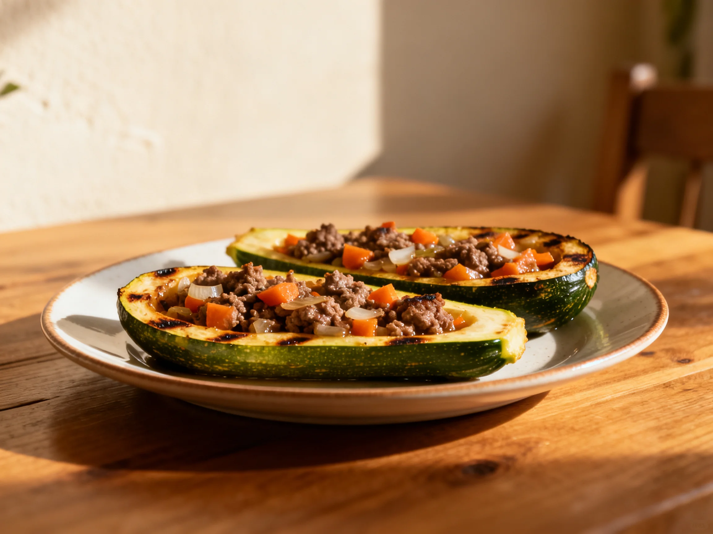 Grilled stuffed zucchinis with ground beef and vegetables on a ceramic plate