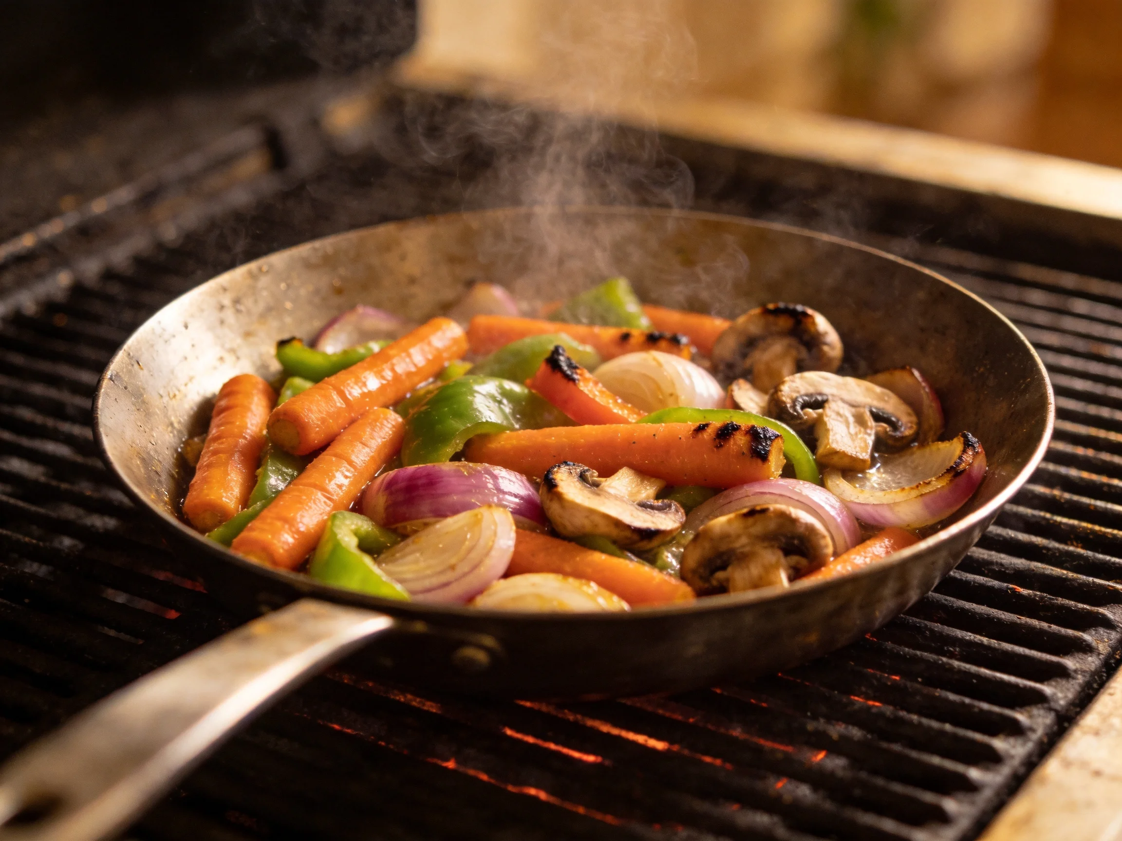 Grilled vegetable medley in a pan on a hot grill