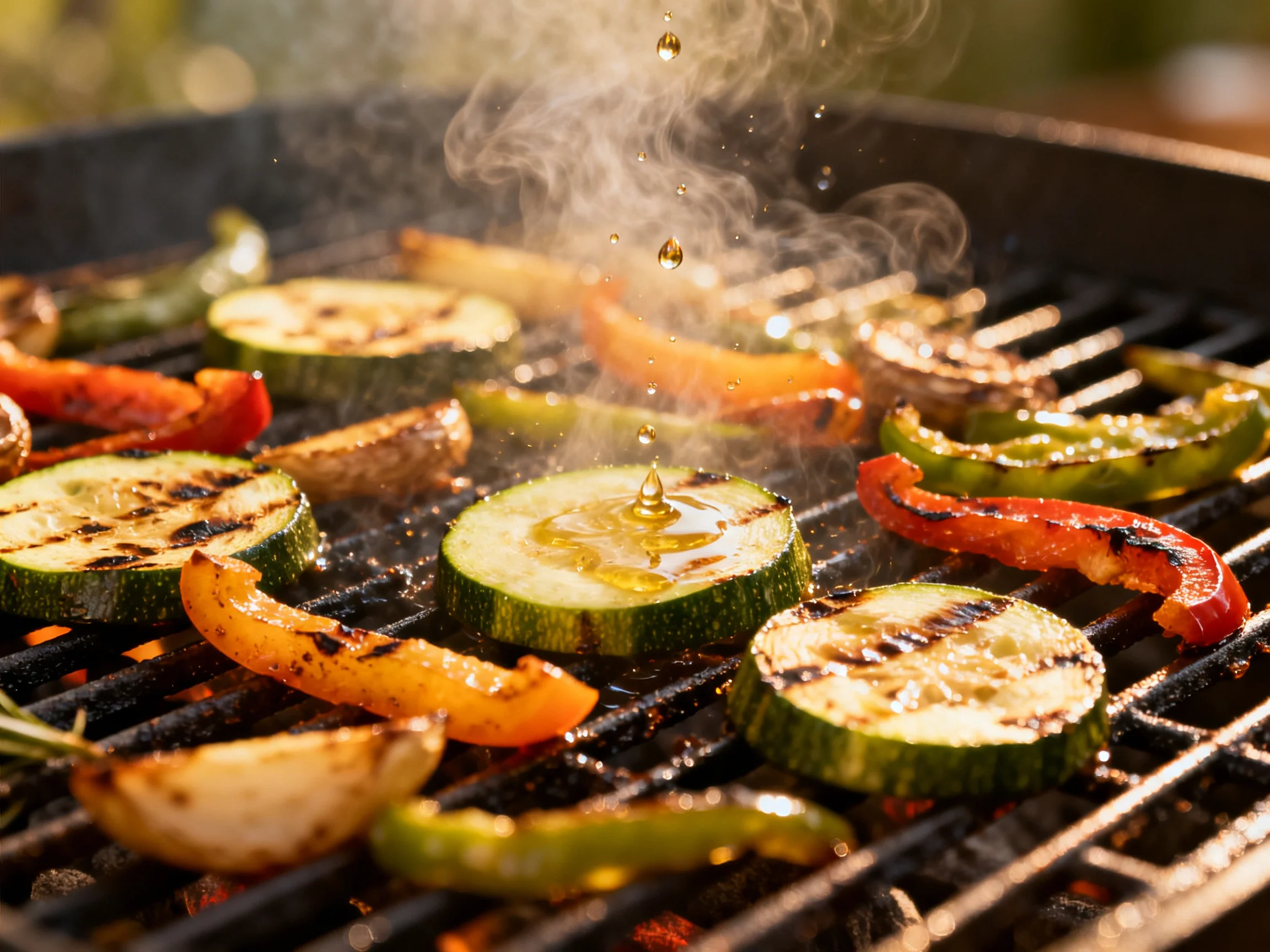 Grilled vegetable medley with oil drizzle and rising steam
